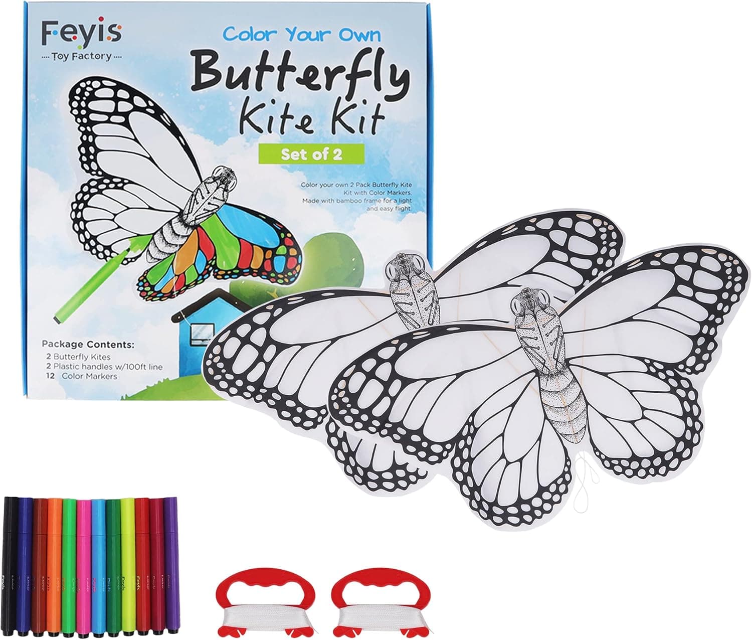 Feyis Toy Factory DIY Kite Making Kit for Kids – Set of 2 Kites for Kids Easy to Fly – Color Your Own Butterfly Kite with Bamboo Rods, Line, and 12 Colors Pens – Fun Kids Outdoor Toys Ages 3 Up