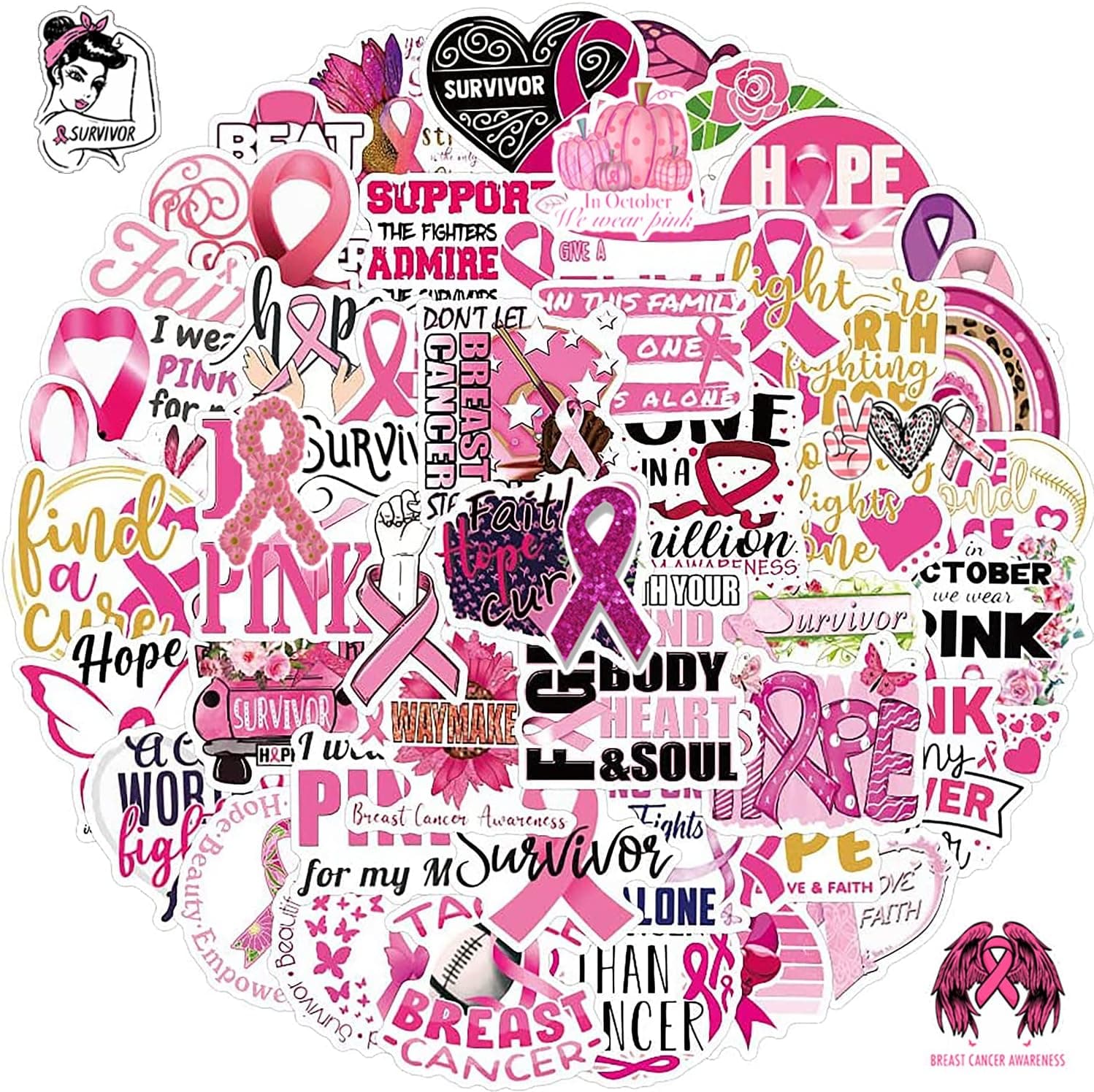100Pcs Breast Cancer Awareness Stickers, Pink Ribbon Vinyl Waterproof Decal for Supporting Breast Cancer Survivor Laptop Scrapbook Water Bottle Sticker Luggage Decals