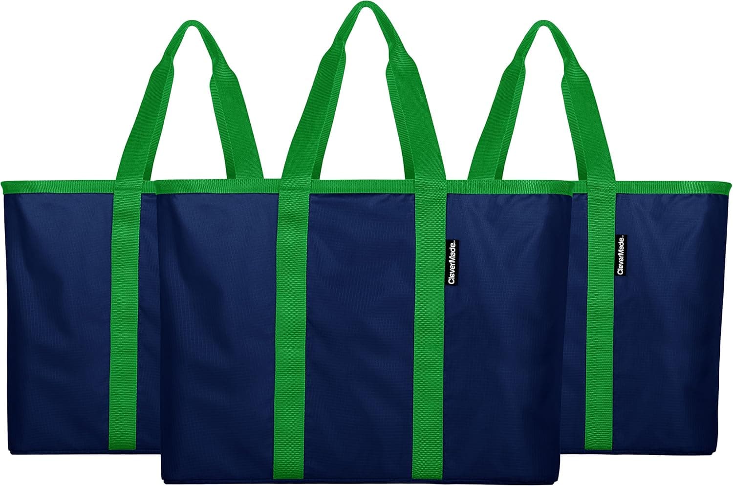 CleverMade SnapBasket XL 40 Liter Reusable Tote Bag with Reinforced Bottom: Collapsible Grocery Shopping Basket, Deep Blue/Kelly Green, 3 Pack