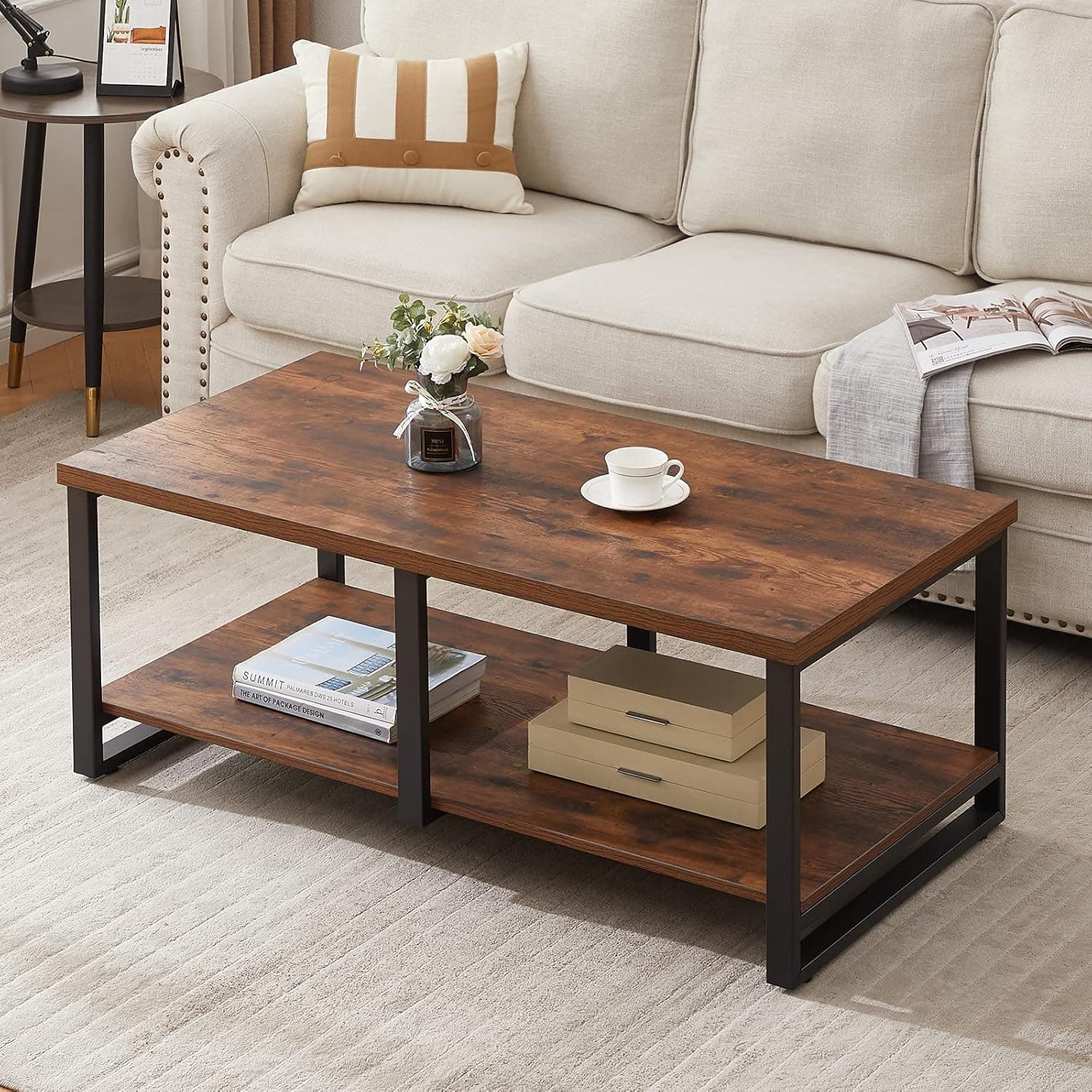 LIFUSTTG Coffee Tables for Living Room, Industrial Wood Cocktail Table with Storage Shelf, Rustic Living Room Table with Metal Frame, 47 Inch Rustic Brown