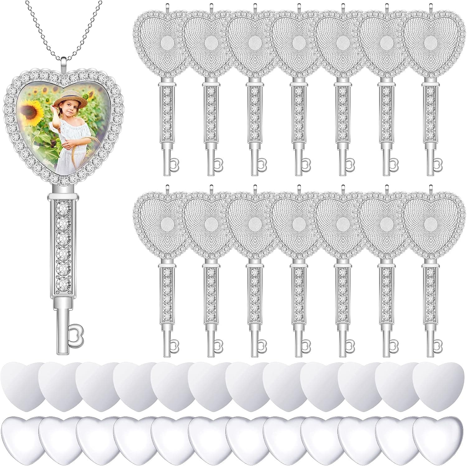 45 Sets Rhinestone Bezel Pendant Trays Including 15 Pieces Sublimation Heart Shape Key Pendant Trays 15 Pieces Clear Glass Cabochons 15 Pieces Blank Aluminum Slice for DIY Jewelry Craft (Silver)