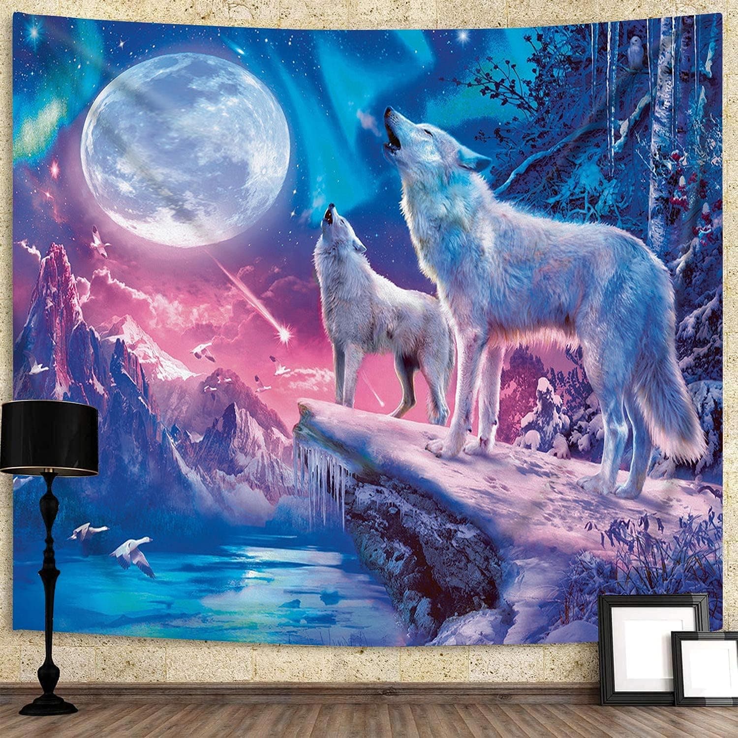 DBLLF Cool White Wolf Tapestry, Howling Snow Wolves on Mountain in Forest Tapestry, Wild Animal Tapestry Psychedelic Starry Sky Full Moon Wall Tapestry, 84 x 90 Flannel Large Art Tapestry GTYYDB2094