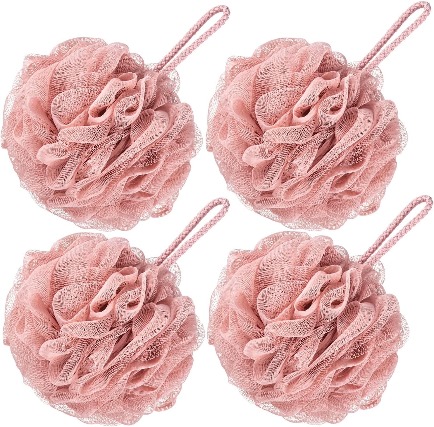 VANZAVANZU Bath Loofah Large 80g Shower Sponge Body Scrubber Mesh Pouf for Men and Women, Set of 4 (Pink)