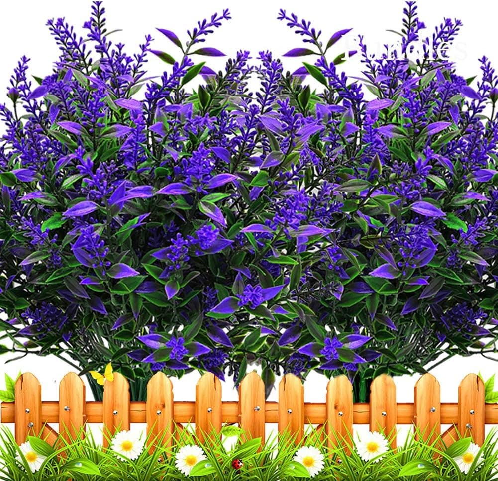 Grunyia 10 Bundles Artificial Lavender Flowers Outdoor Fake Plants Faux Plastic UV Resistant Flowers for Home Garden Porch Window Box and Cemetary Grave Decorations (10, Blue)