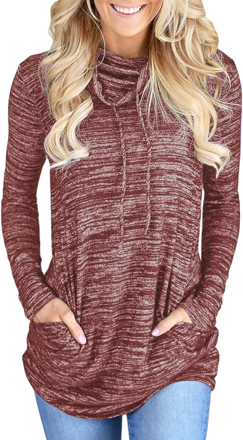 Womens Long Sleeve Cowl Neck Casual Loose Tunic Pullover Sweatshirt Lightweight Blouse Tops with Pockets Red XL 16 18