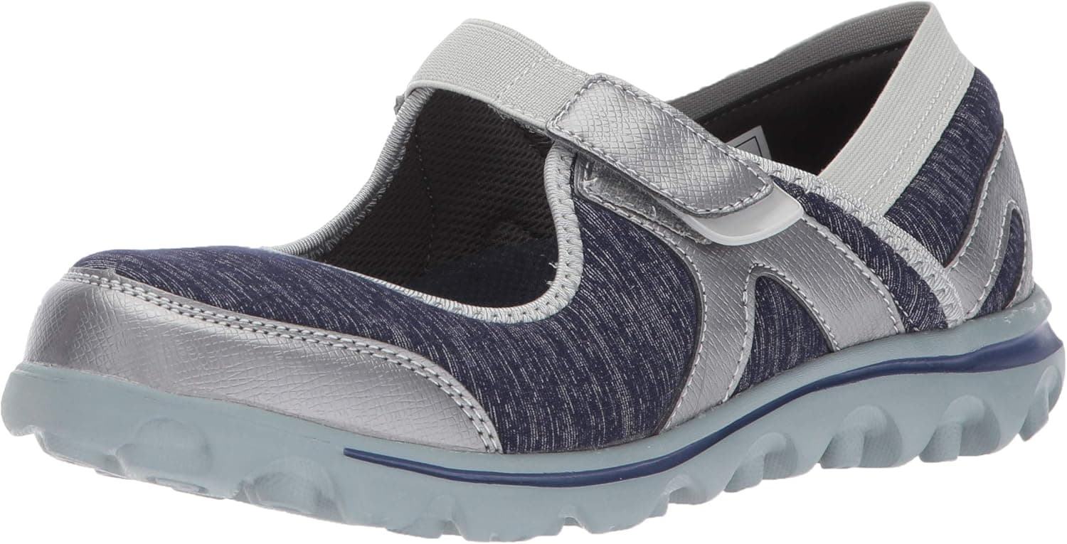 Propet Women's Onalee Mary Jane Flat, Blue/Silver, 9.5 Wide