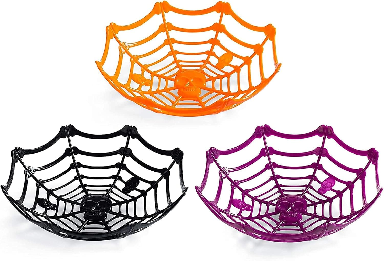 Neliblu Large Halloween Spider Web Bowl and Skulls Basket Candy Bowls for Halloween Party Supplies, Halloween Basket Decorations, Trick or Treat Candy - Set of 3