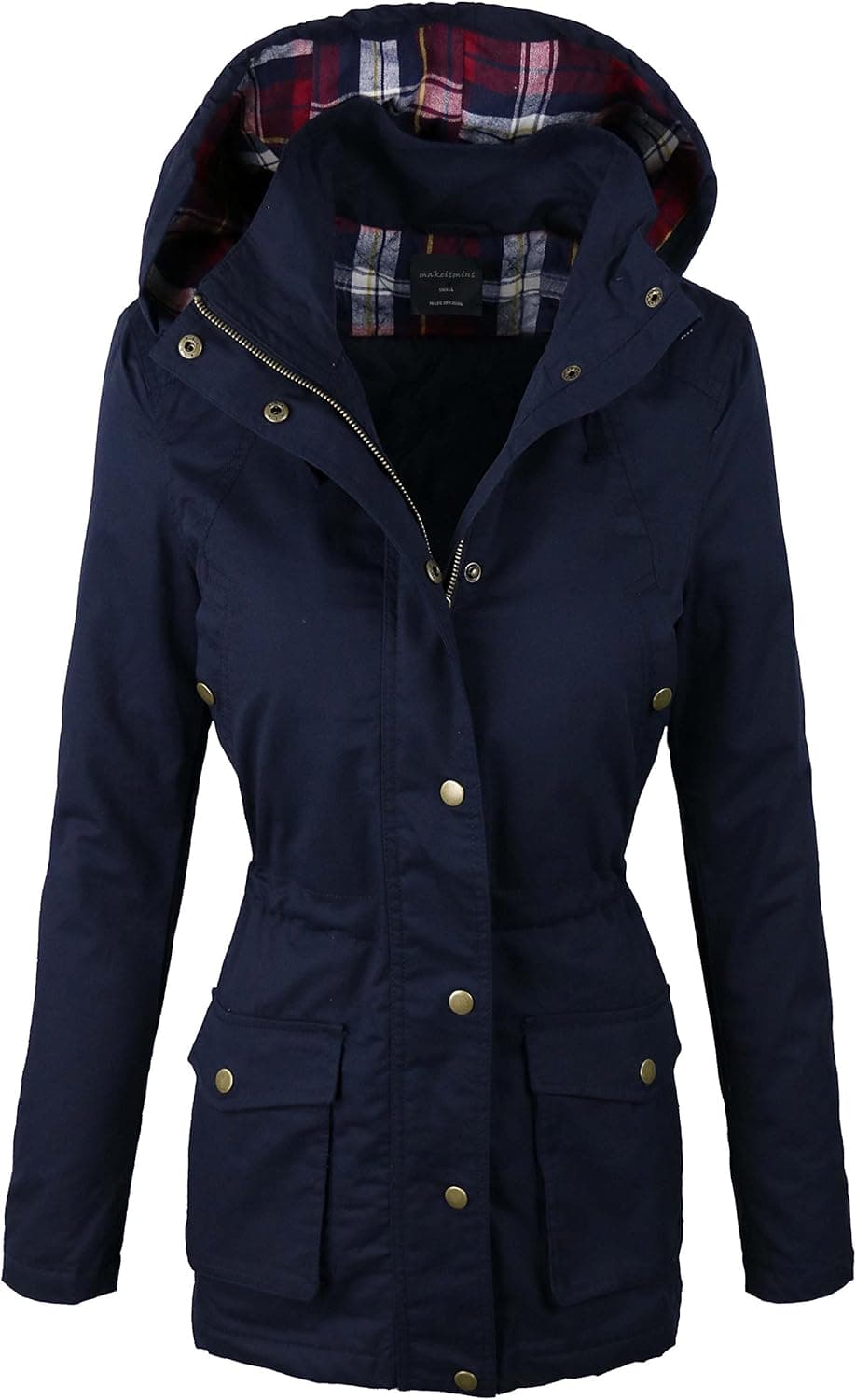 makeitmint Women's Quilting Padded Military Anorak Jacket w/Plaid Hood