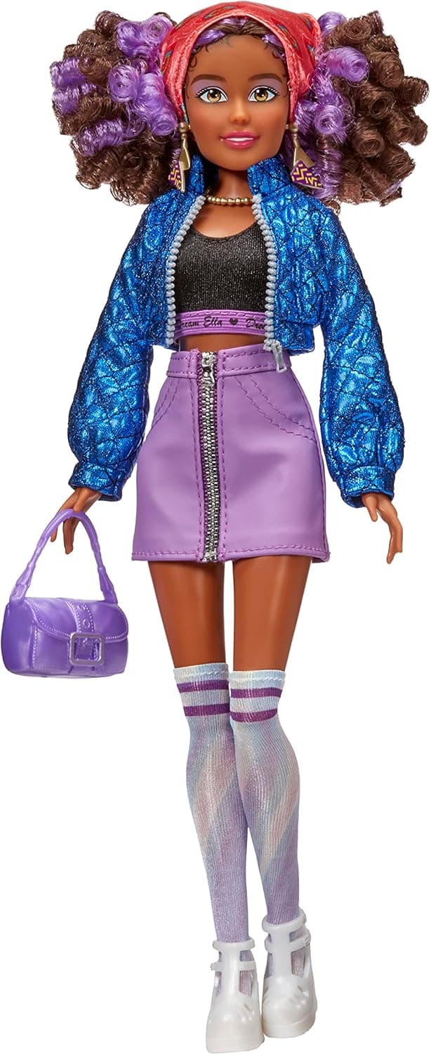 MGA’s Dream Ella Extra Iconic Doll- Yasmin, 11.5" Fashion Doll with 9+ 90's Style Inspired Trendy Fashion Pieces, Purple Streaked Afro Puffs, Great Gift, Toy for Kids Ages 5+