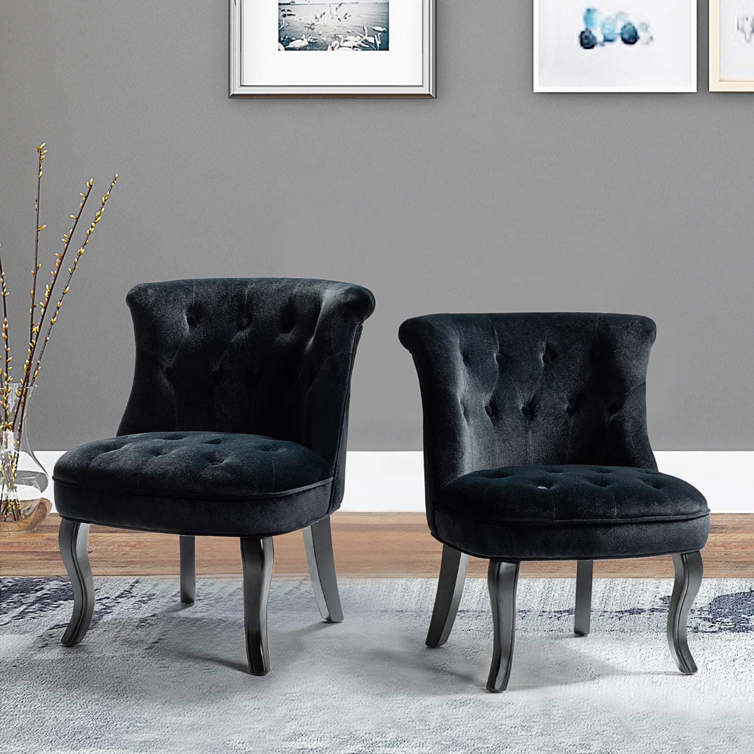 TINA'S HOME Modern Velvet Armless Accent Chairs Set of 2,Upholstered Fabric Button Single Sofa Chair with Wooden Legs for Living Room,Comfy Tufted Bedroom Chairs for Reading,Dining,Office Reception