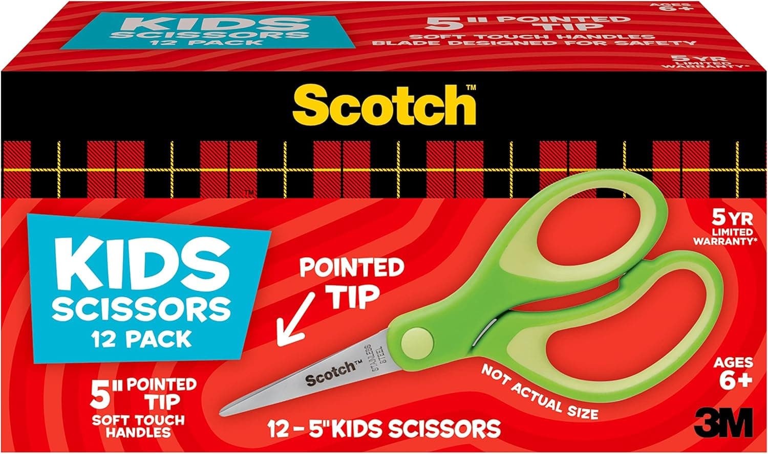 Scotch 5" Soft Touch Blunt Tip Kids Scissors, 12 Count Teacher’s Pack, Green, All-Purpose Scissors for School and Crafts (1442P-12)