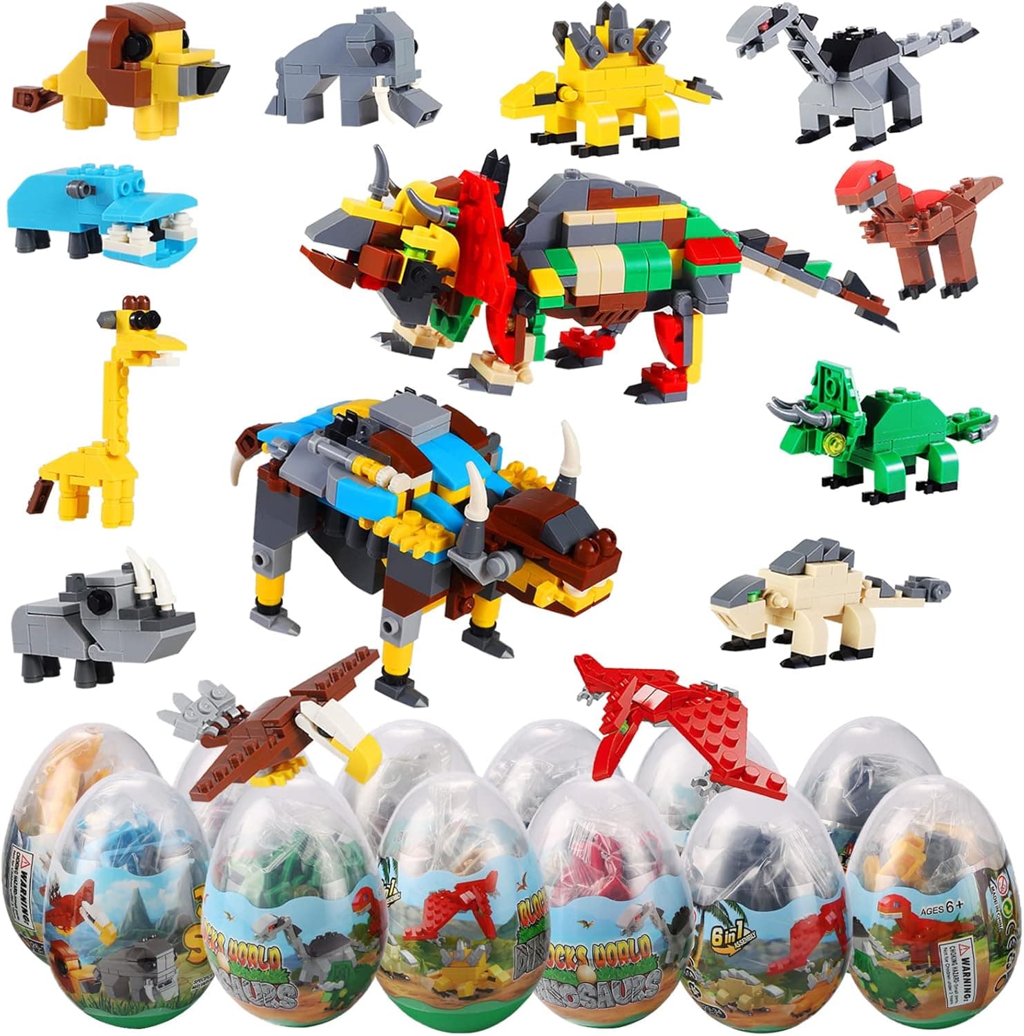 Huoety 12 Pcs Easter Eggs Filled with Building BlocksToys, 3.25" Eggs for Easter Basket Stuffers, 6 Jungle Animals and 6 Dinosaurs Building Blocks Easter Party Favors.