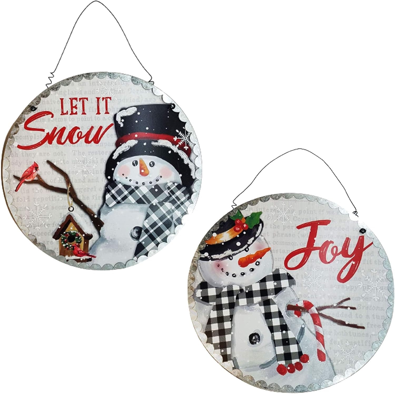 OSW Snowman Round Wall Decor, Hanging Art Set of 2 Snowmen, Large Wooden Plaque with Snowflakes and Sparkling Snow Trimmed in Silver Galvanized Metal for Christmas Decorating, 13.78 x 13.78 x .75