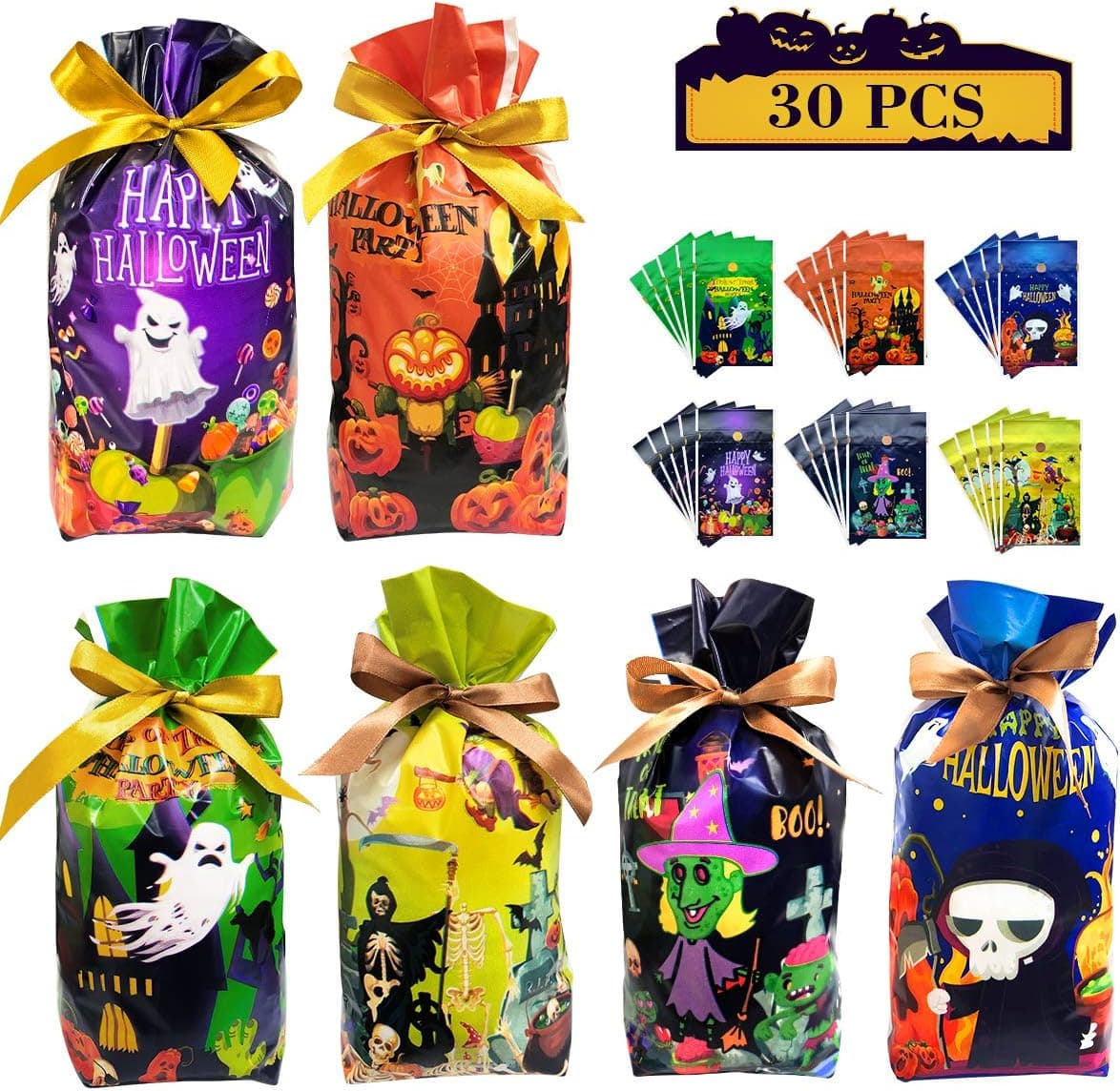 Halloween Treats Bags Candy Bags, 30 Pcs Party Candy Bags Goodie Treat Gift Bags with Drawstrings for Treat or Trick & Halloween Decorations and Kids Halloween Party Favor