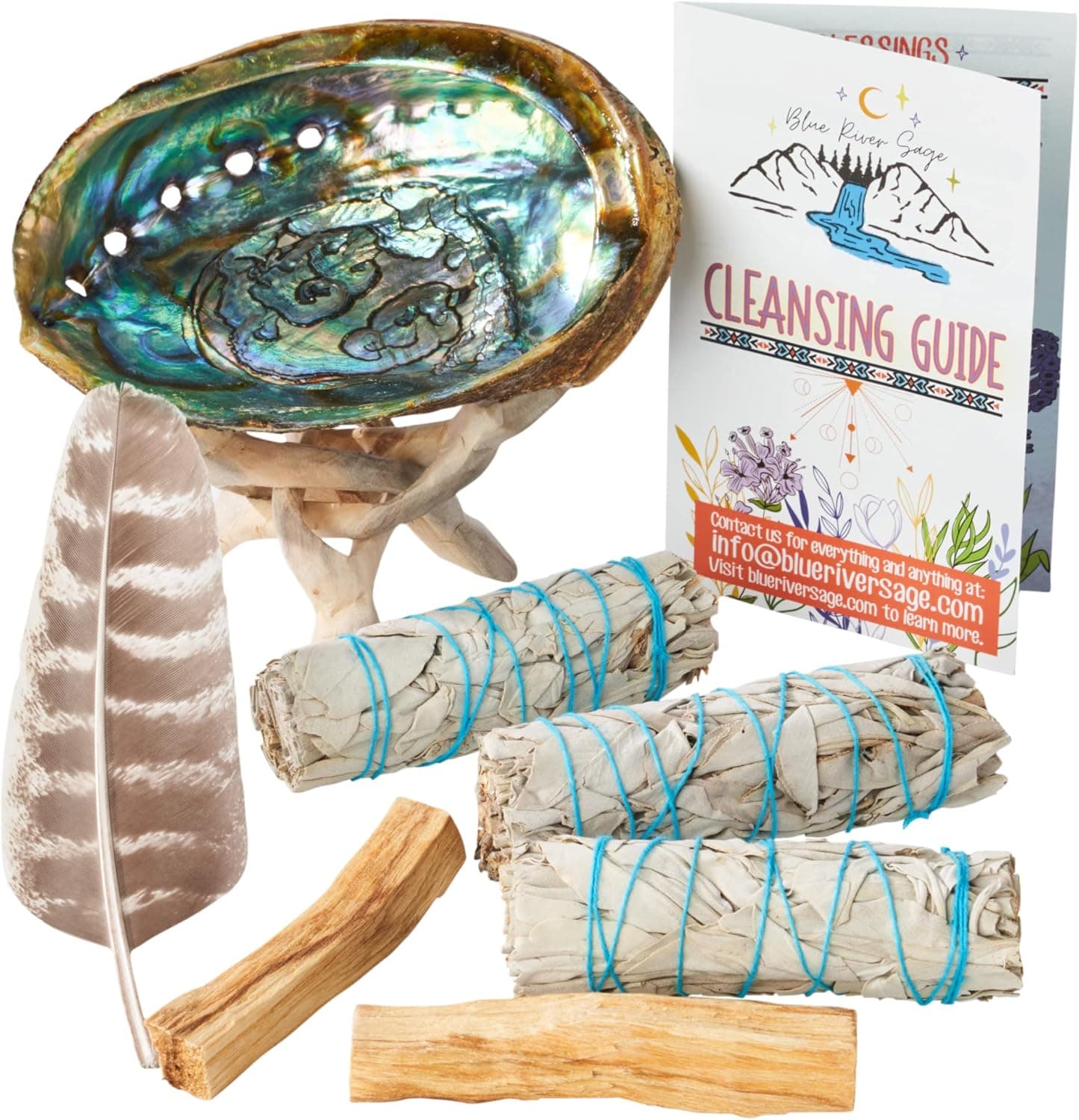 Home Cleansing & Smudging Kit with 3 White Sage, 2 Palo Santo, Abalone & Stand, Smudge Feather & Guide (Deluxe)