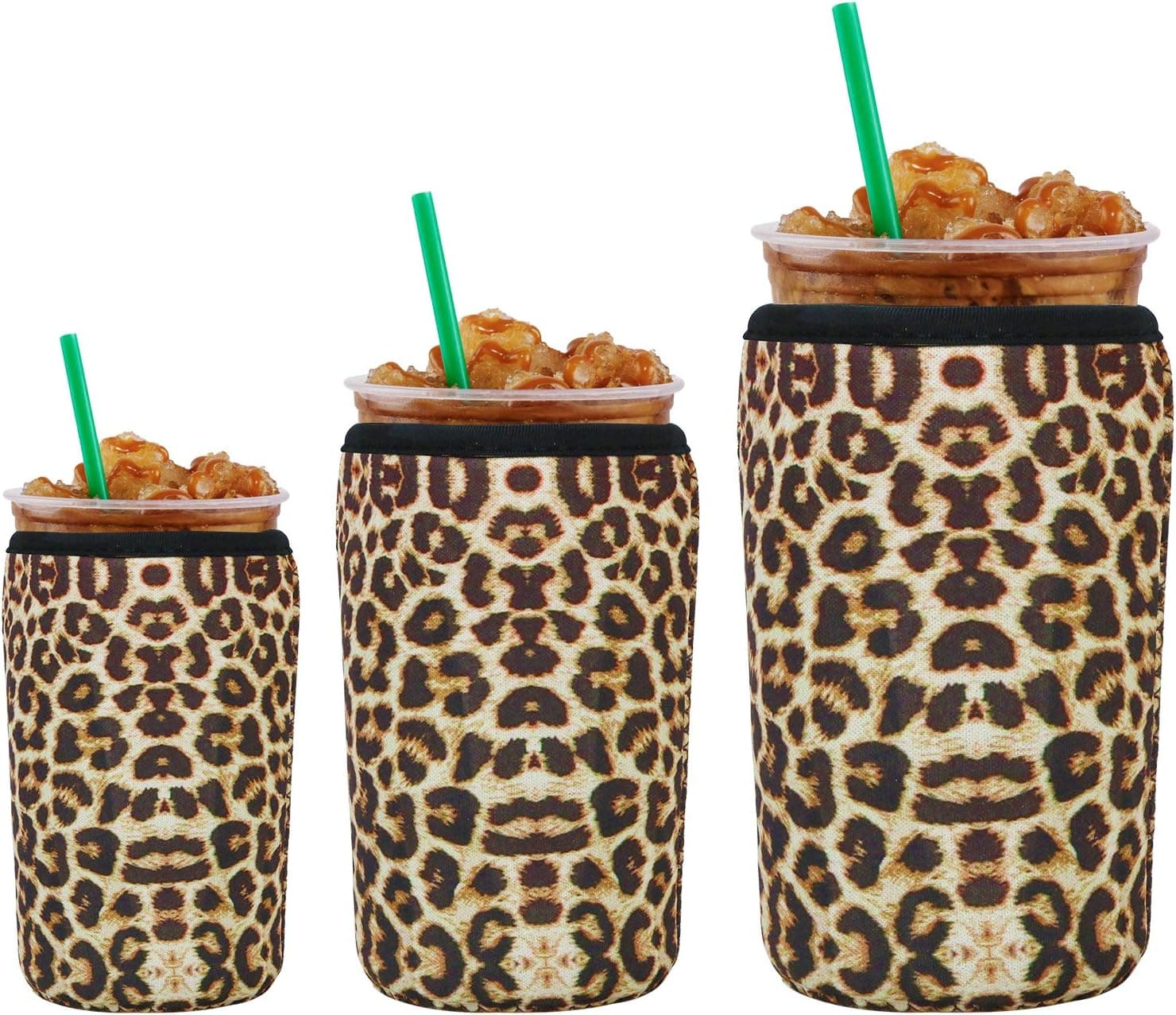 Creproly 3 Pack Reusable Neoprene Iced Coffee Cup Insulator Sleeve for Cold Beverages Sok It Cup Sleeves for Cold Hot Drinks Cup Holder for Starbucks Coffee (Leopard)