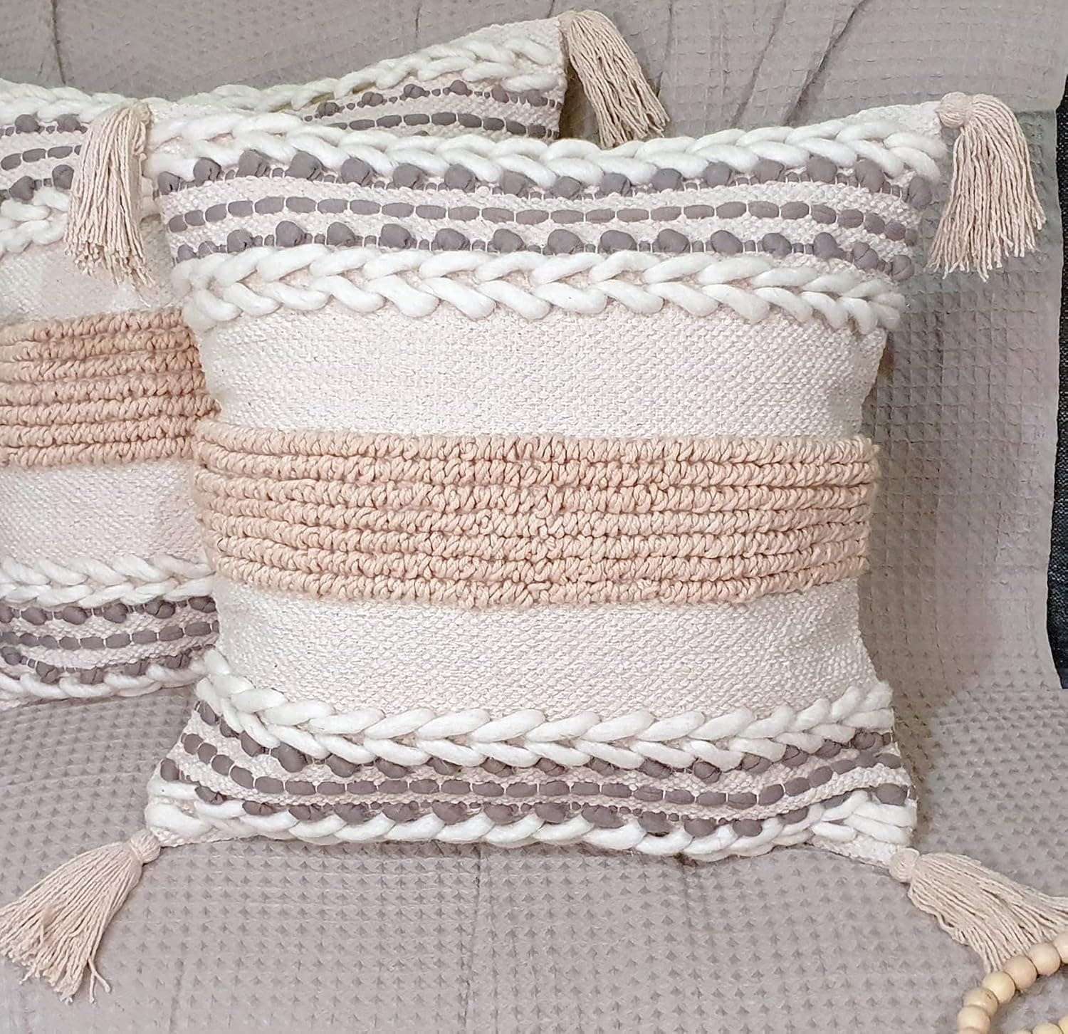 Heavenera Decorative Large Pillows Cushion Covers Cotton Wool Throw Pillows Boho Throw Pillow Case for Couch Living Room Sofa Bohemian Bedroom Premium Designer Pillow Cover (20"X20", Beige)