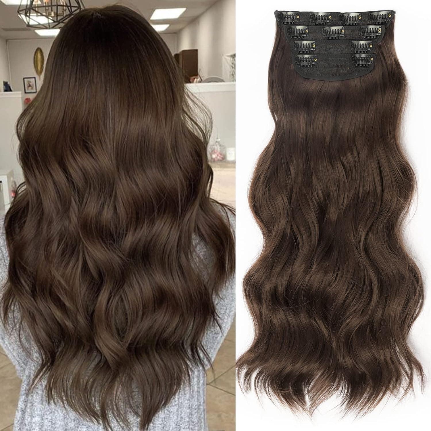 KooKaStyle Hair Extensions, 20 Inch Clip in Long Wavy 4 Pcs Hairpieces, Thick Long Extensions for Women Full Head (20 Inches, Dark Chestnut Brown)