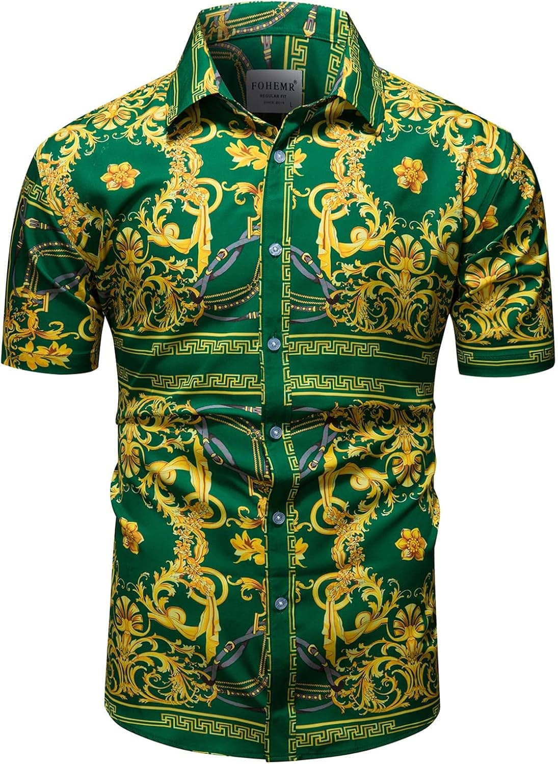 fohemr Mens Luxury Shirts Black Gold Chain Print Dress Shirt Baroque Short Sleeve Casual Button Down Design buchona Shirts