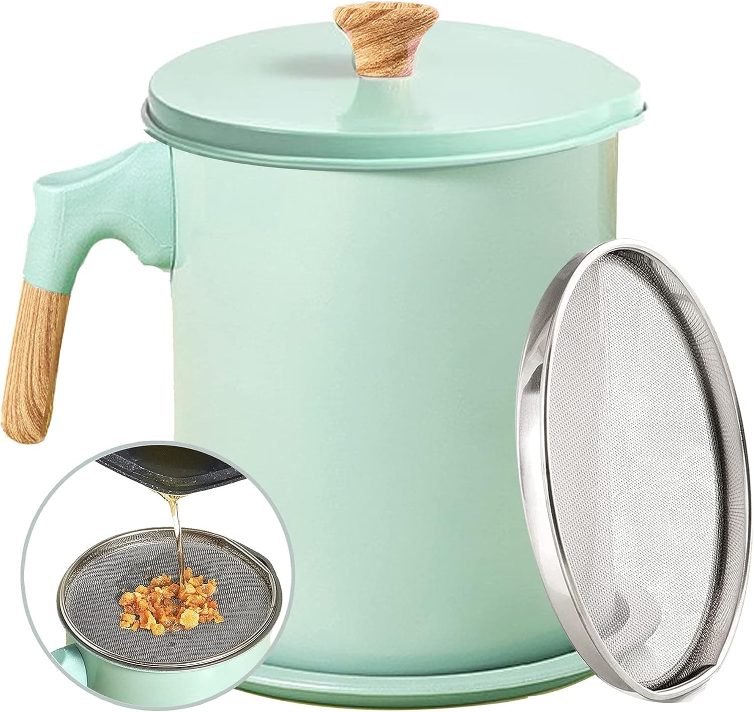 Bacon Grease Container with Strainer 58oz/1.7L Large Cooking Oil Can with Stainless Steel,with Dust-Proof,Oil Strainer Non-Stick Coaster,Easy Grip Handle and Easy Pouring,Dishwasher Safe