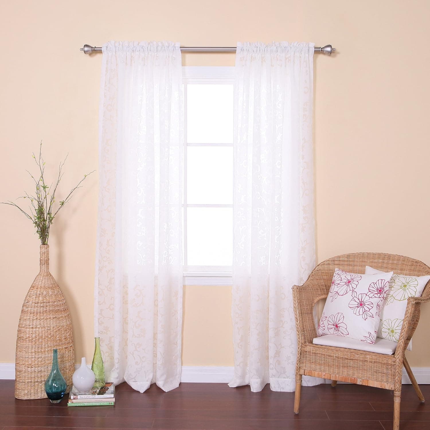 Best Home Fashion Vine Burnout Sheer Curtains - Rod Pocket - White - 54" W x 84" L - (Set of 2 Panels)