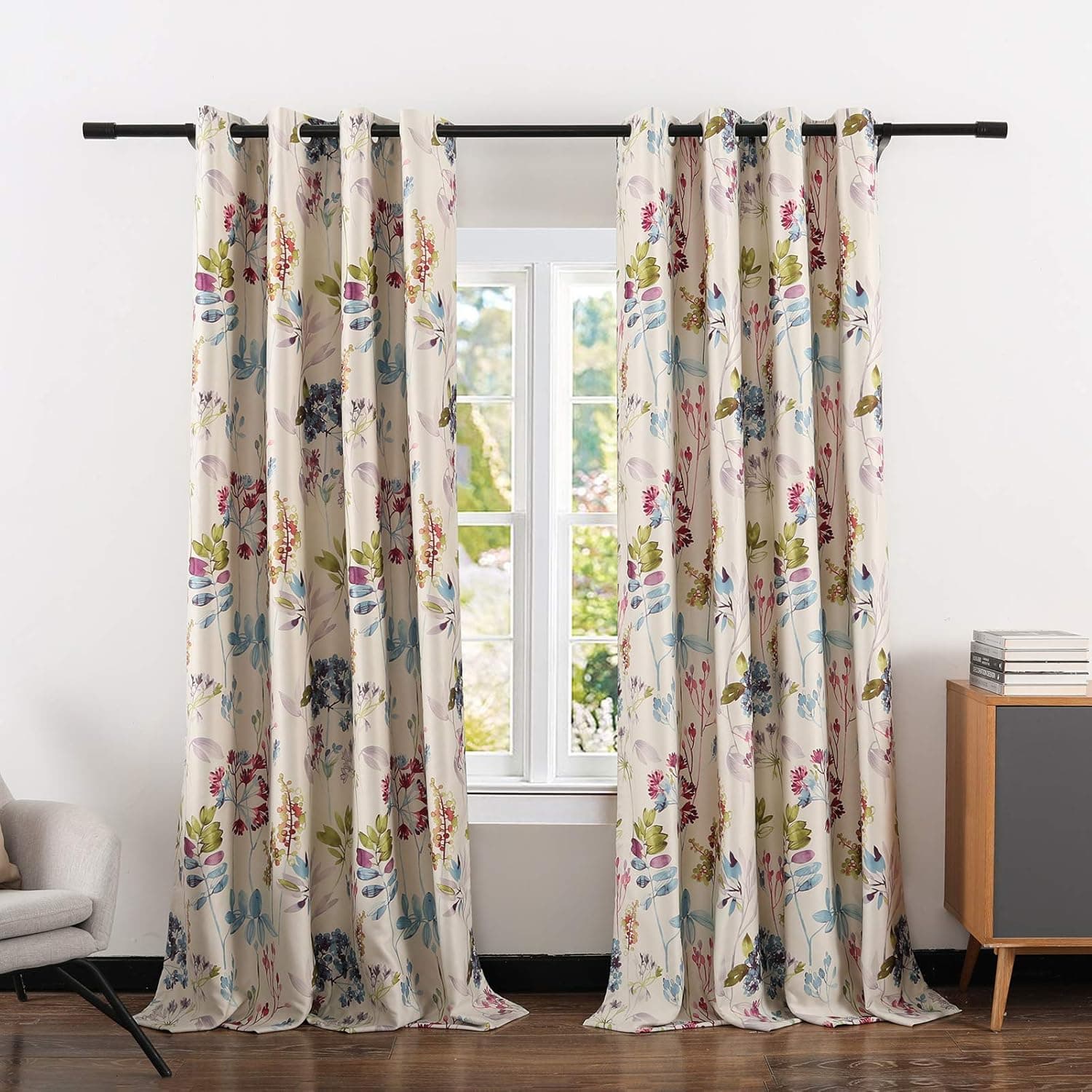 Leeva Wide Blackout Curtains and Drapes for Bedroom, Linen Classic Purple and Green Leaves Darkening Curtain Panels for Patio and Studio Windows, 52x84, 2 Panels