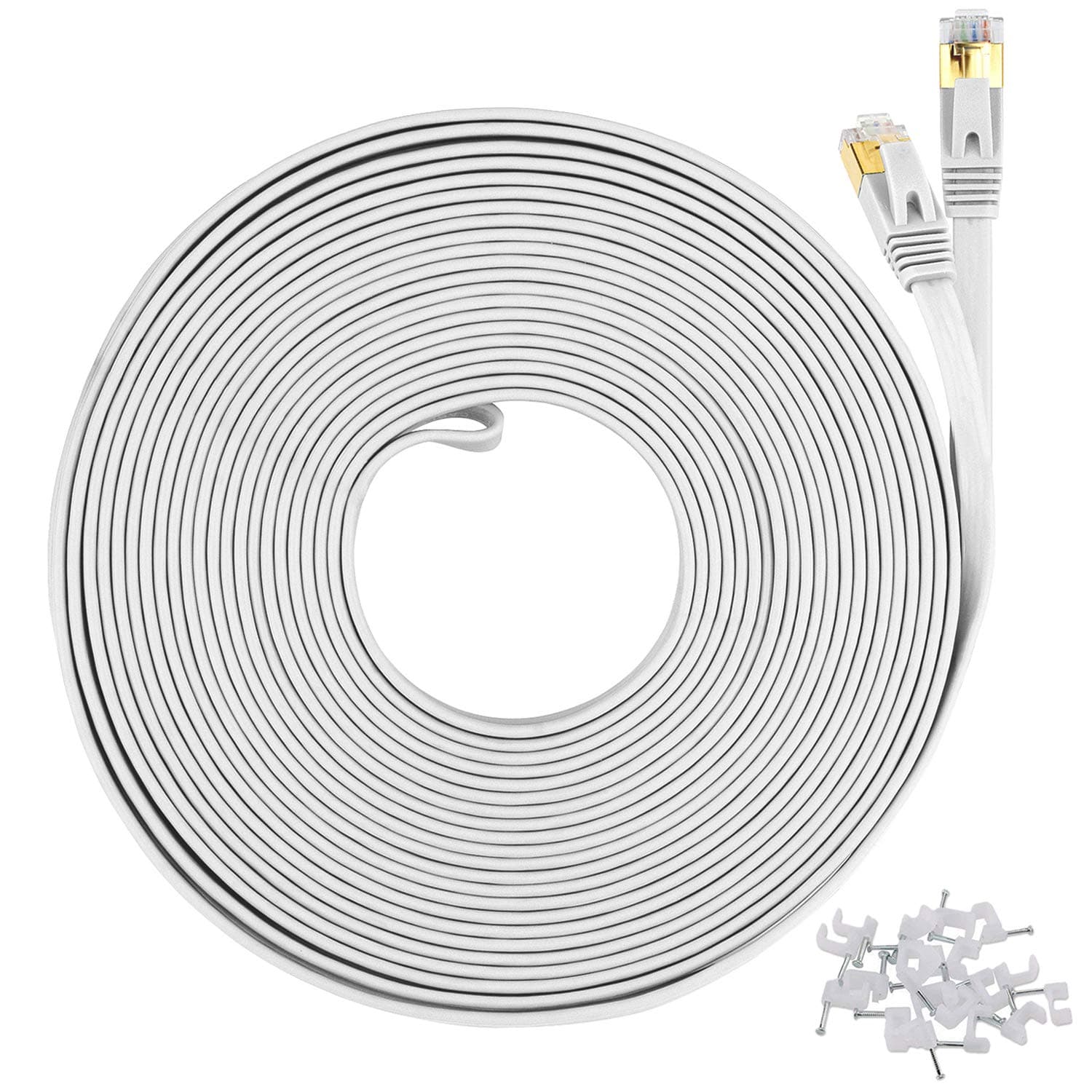 CAT7 Ethernet Cable STP Flat - 25ft Network Patch Internet Clips RJ45 Connector LAN Cord -10 Gigabit High Speed Than CAT5/CAT6 Shielded Wire Cord for Xbox,PS4,Router,Modem,by CAFEWICH (White)