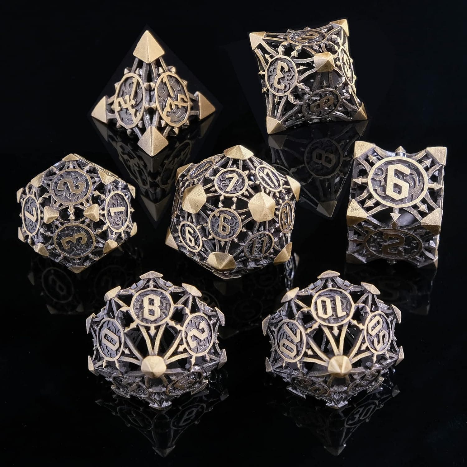 Cttasty DND Dice Set Hollow Metal Dice Set Handmade 7pcs Polyhedral Dice Set DND RPG MTG Role Playing Game Dice Set D&D Dice with Gift Case for DND Dungeons and Dragon (Bronze)