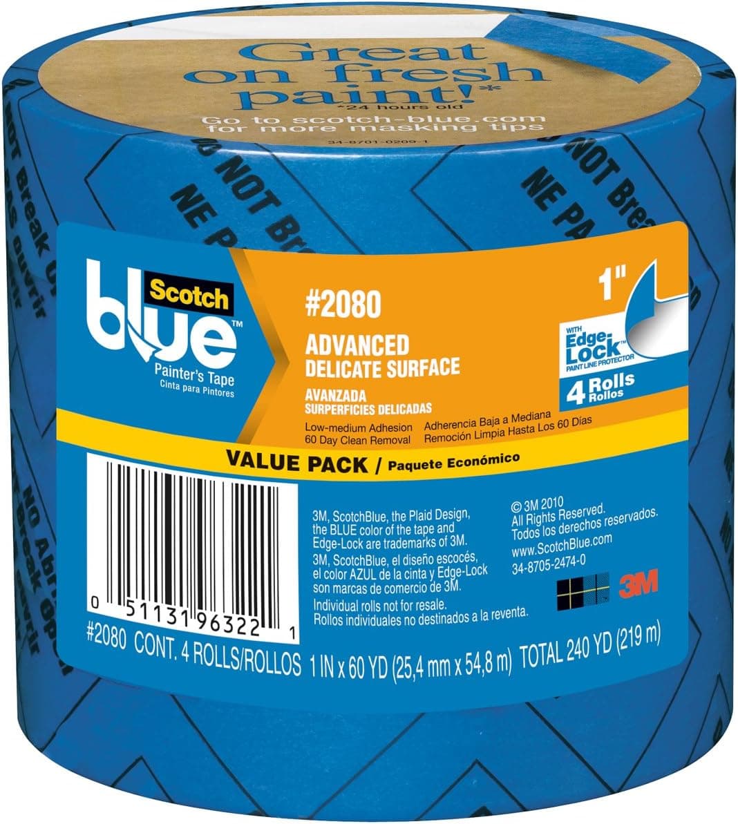 3M ScotchBlue Painter's Tape, 1-Inch by 60-Yard, 4-Roll (2080EL-1A-4X)