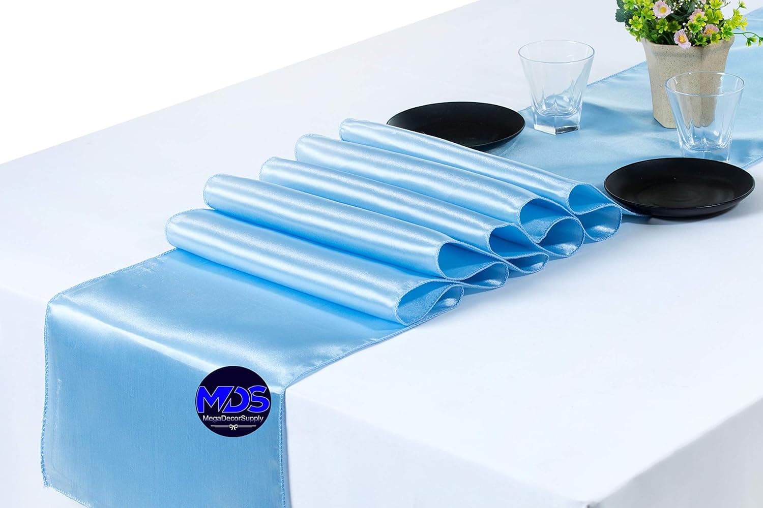 MDS Pack of 5 Wedding 12 x 108 inches Satin Table Runner for Wedding, Decorations for Birthday Parties, Banquets, Graduations, Engagements, Runners fit Rectangle, Round Table - Baby Blue