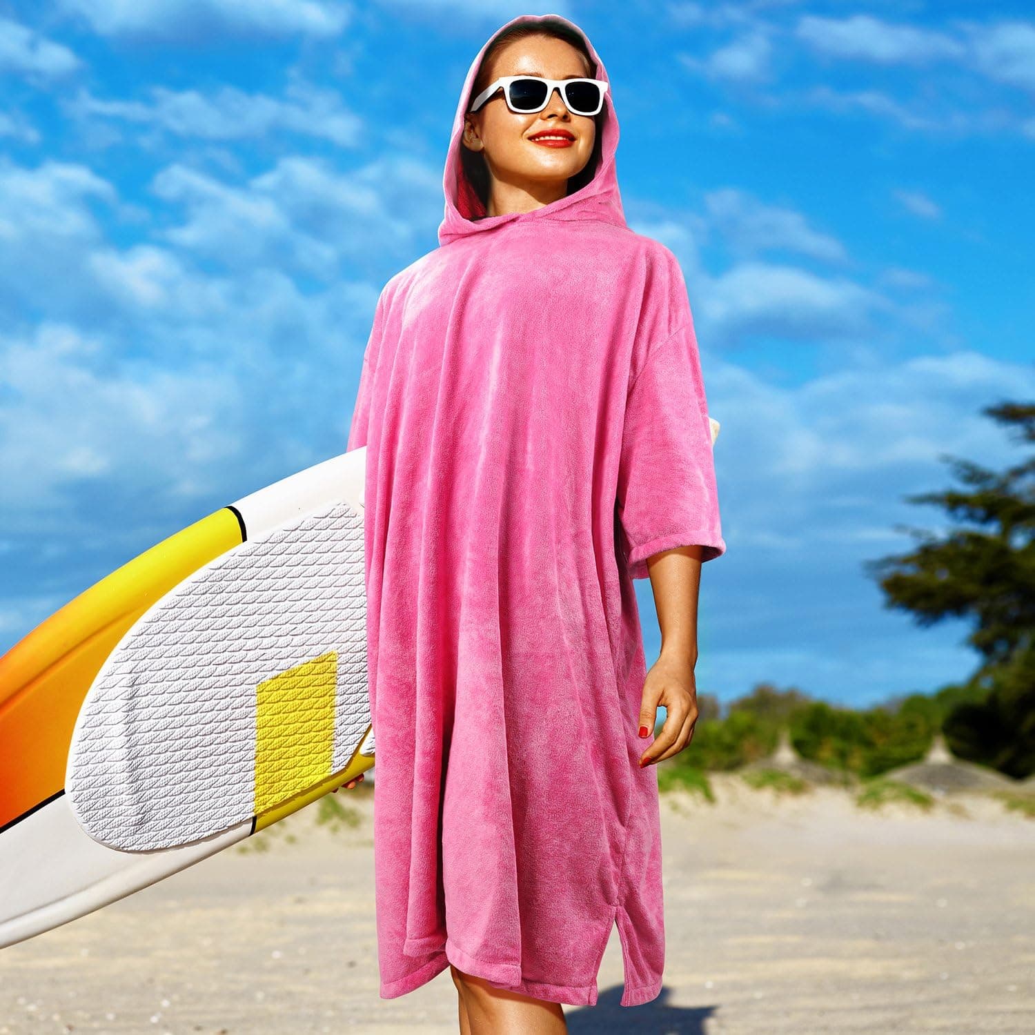 Tirrinia Surf Poncho Towel, Microfiber Beach Changing Towel Robe with Hood and Sleeves for Women Men Changing Swimming Surfing Wetsuit, Pink