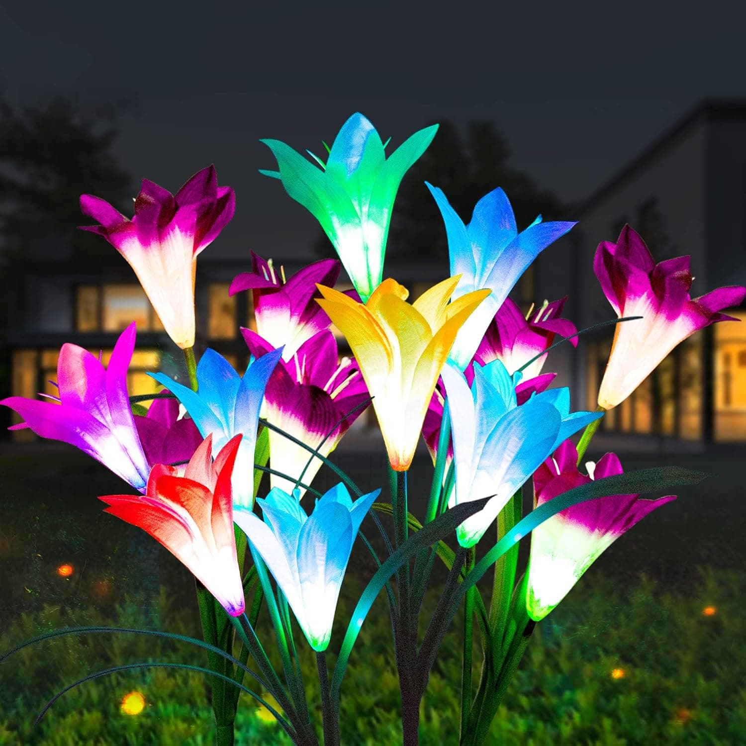 Solar Lights Outdoor Garden Decor, Bryopath Solar Garden Flower Lights with 8 Lily Flower, RGB Color Changing LED Solar Pathway Lights for Yard, Garden, Patio, Pathway, 2 Pack, Purple & White