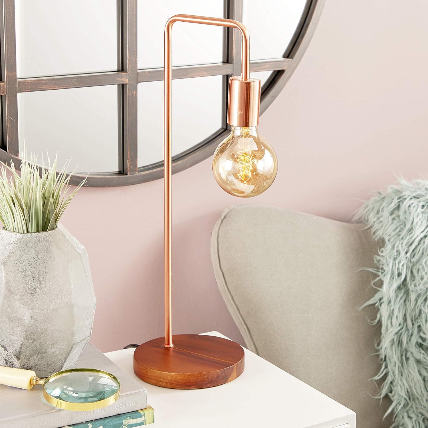 CosmoLiving by Cosmopolitan 39113 Tall Industrial Style Metallic Copper Metal Table Lamp with Diffused Edison Bulb | 7” x 21”