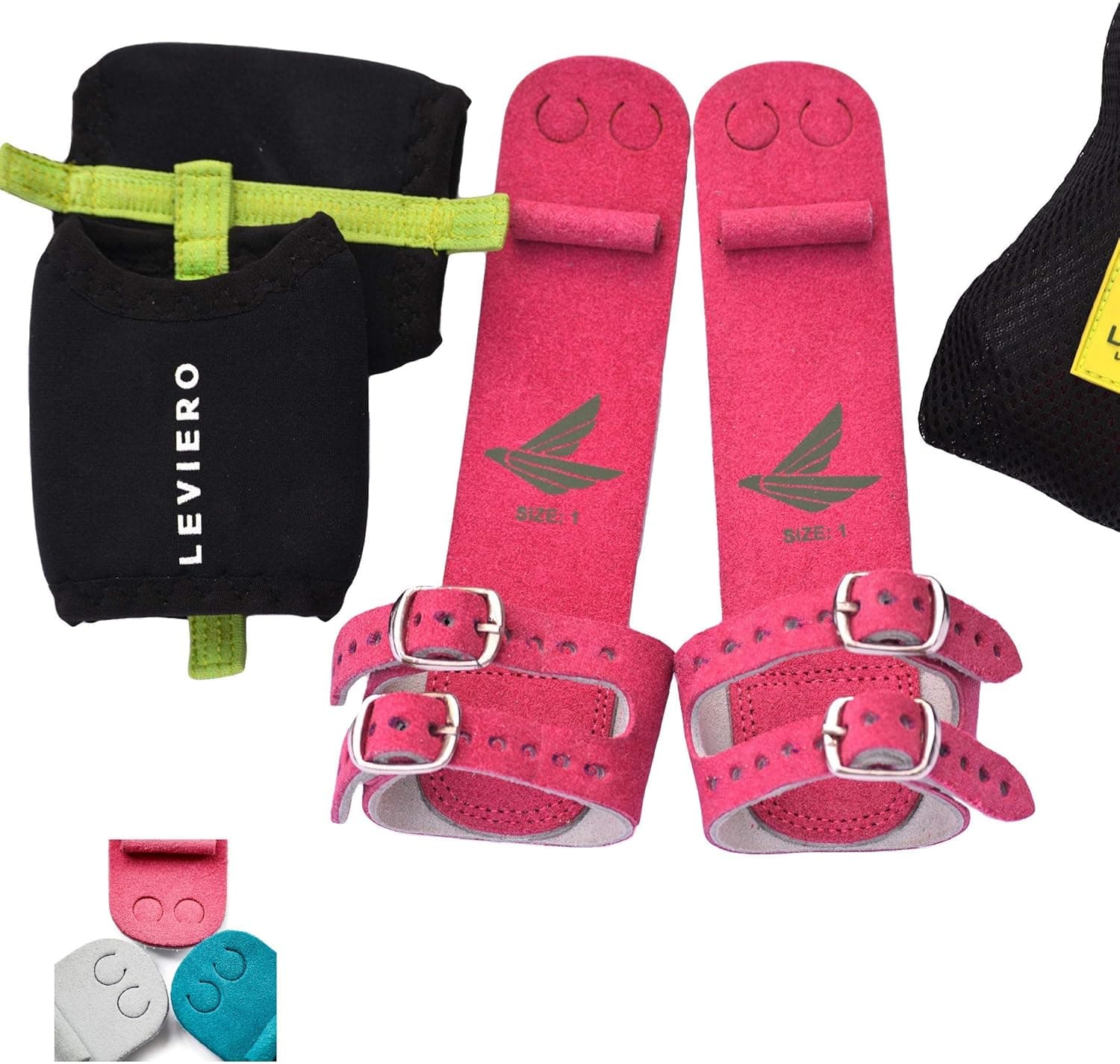 LEVIERO Buckle Gymnastics Grips - Soft Leather Dowel Hand Grips with Double Buckle Wrist Closure and Adjustable Finger Holes, for All Ages