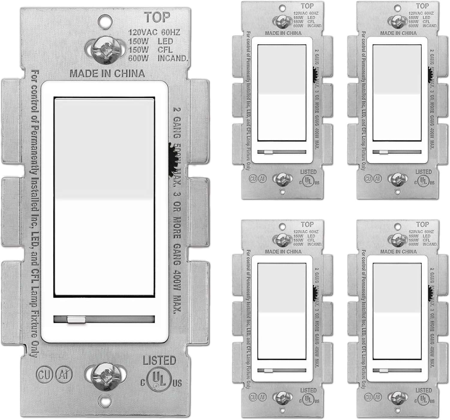 [5 Pack] BESTTEN Dimmer Wall Light Switch, Single Pole or 3-Way, Compatible with Dimmable LED, CFL, Incandescent and Halogen Bulb, 120VAC, UL Listed, White