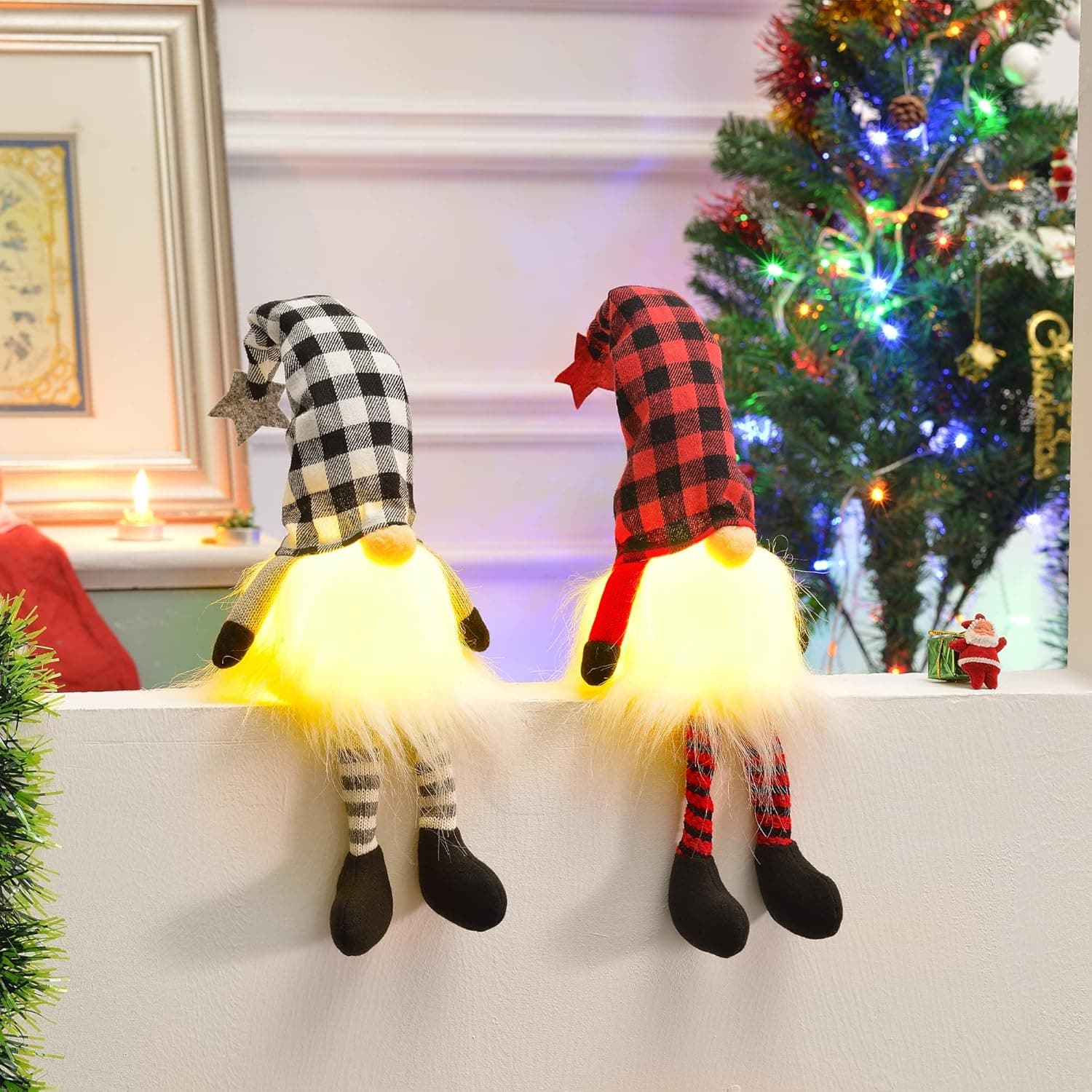 BEBEKULA Christmas Gnomes Light Up with Legs, 2 Pack 21.25 inch Handmade Swedish Santa Gnomes with Bendable Hat, Scandinavian Santa Elf Ornaments for Table Tree Home Christmas Decorations