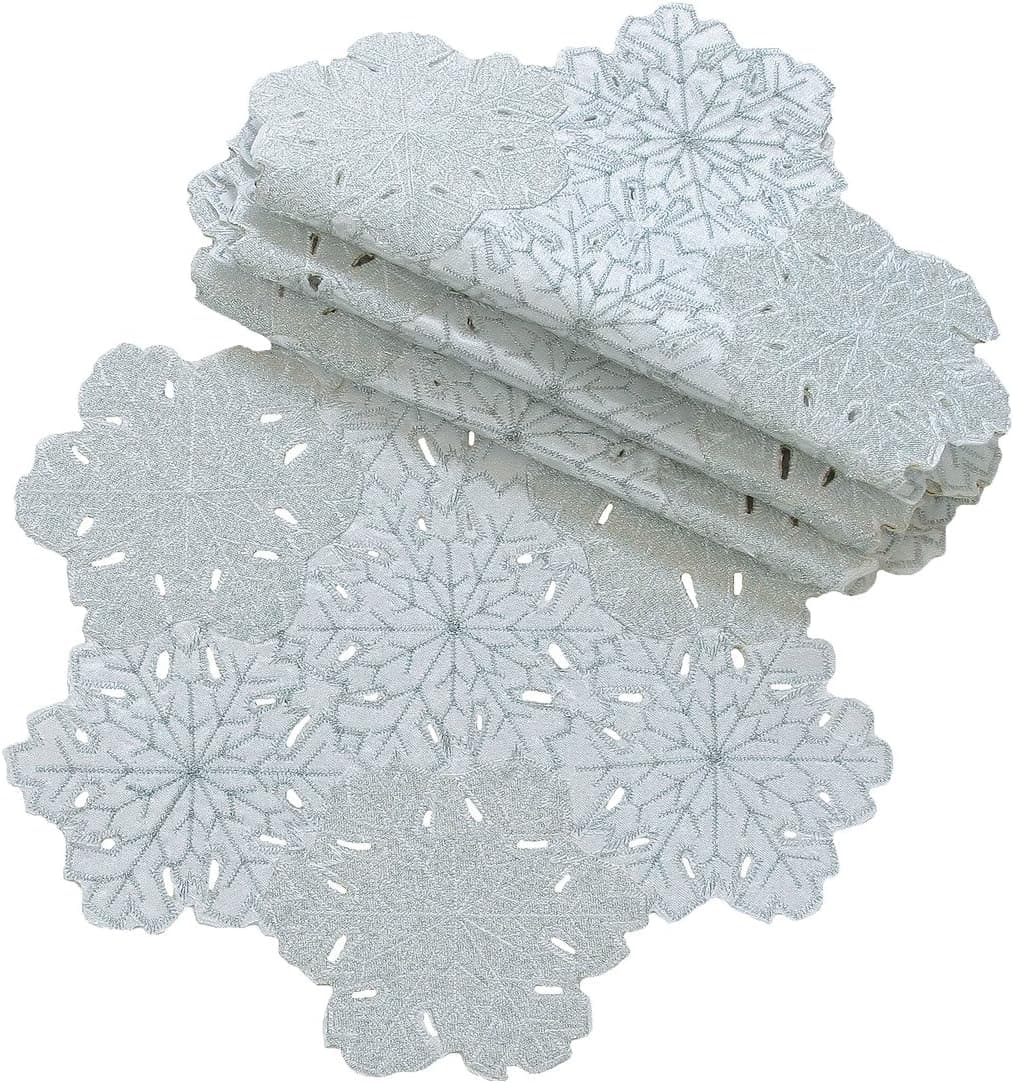 Xia Home Fashions Shimmer Snowflake Embroidered Cutwork Round Christmas Doilies, 8-Inch, Set of 4