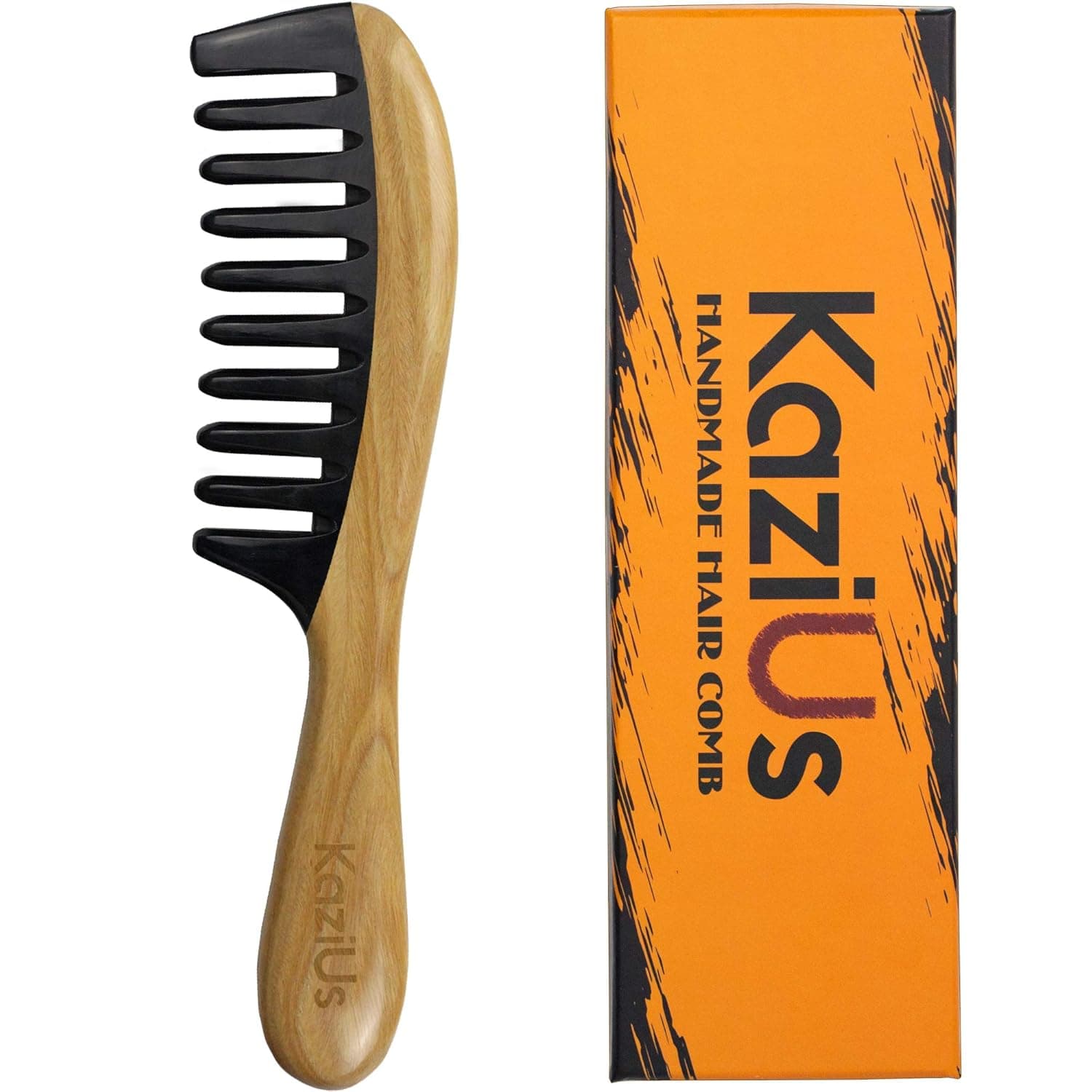 KaziUS Wide Tooth Hair Comb [Gift Box] - 8.6 inch Wooden Horn Comb for Women and Men - Detangling Comb for Curly Thick Hair - Comb for Dry & Wet Hair.