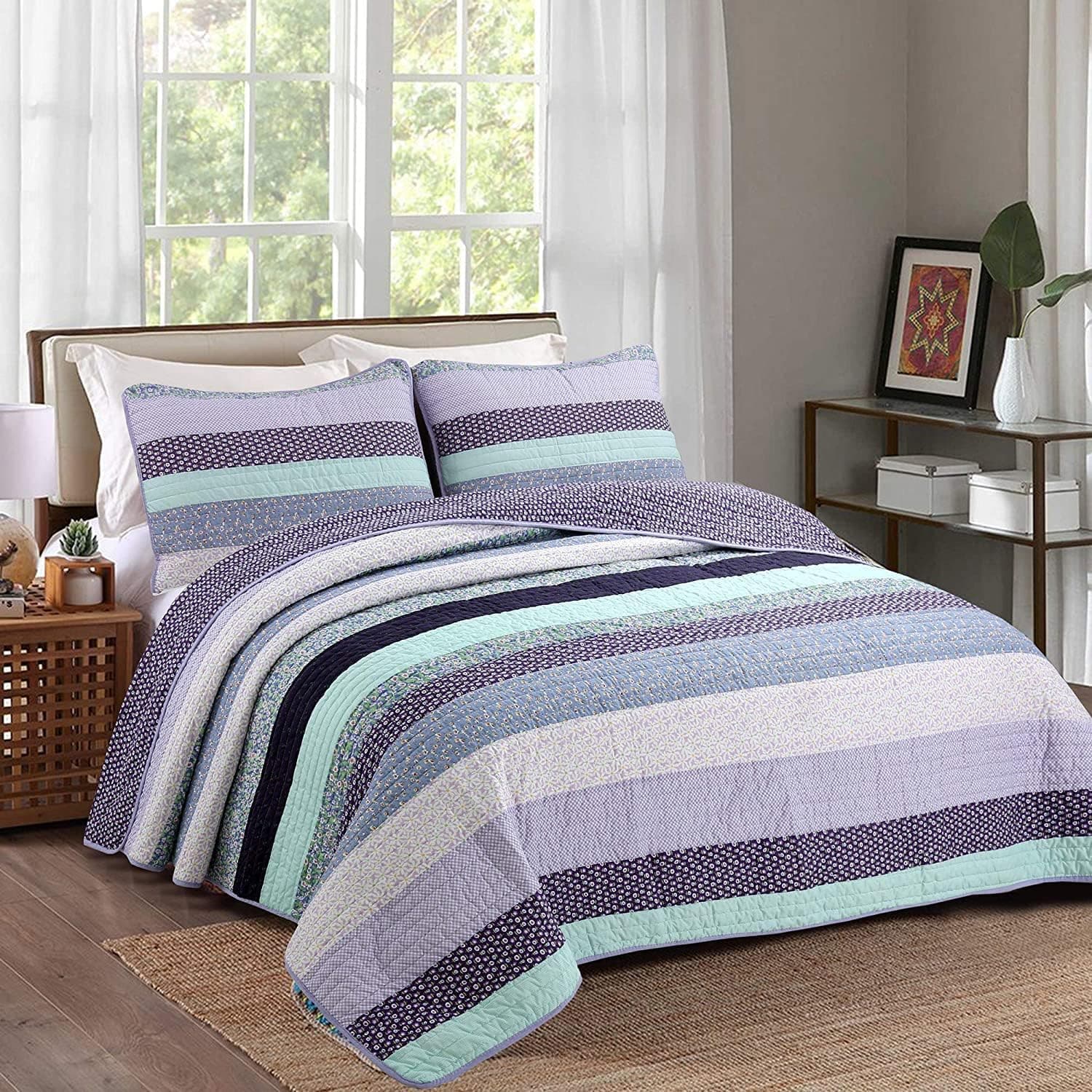 Cozy Line Home Fashions Jeannie Lilac Purple Floral Striped Flower Lodge House Cabin Cottage 100% Cotton Quilt Bedding Set Reversible Coverlet Bedspread for Women (Lilac Stripe, Queen - 3 Piece)