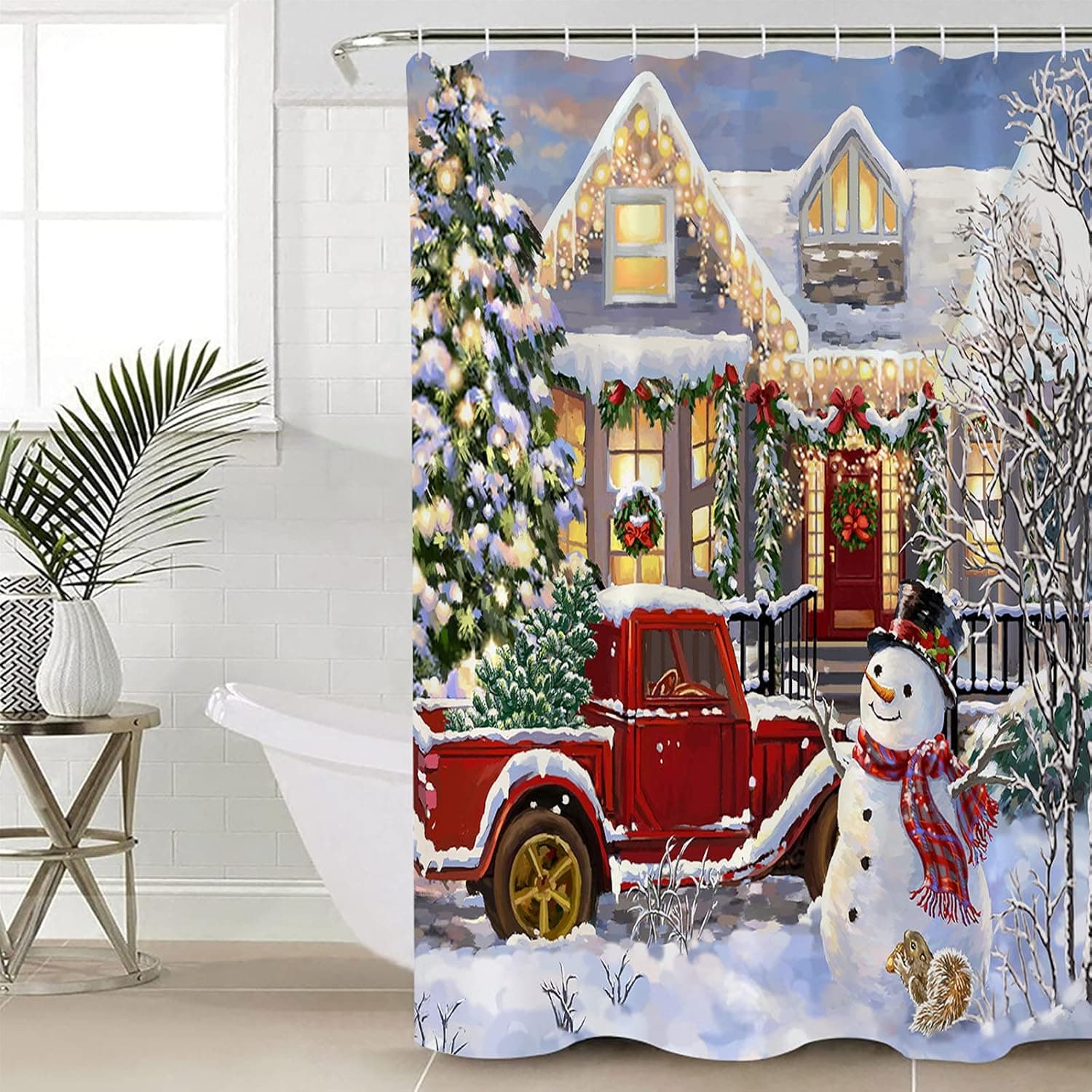 Arts Language Christmas Happy Snowman Shower Curtain Winter Snow Xmas Tree Red Trcuk Bath Curtains for Kids/Boys/Girls Bathroom Decor Waterproof Polyester Fabric Shower Curtain with Hooks 72x84in