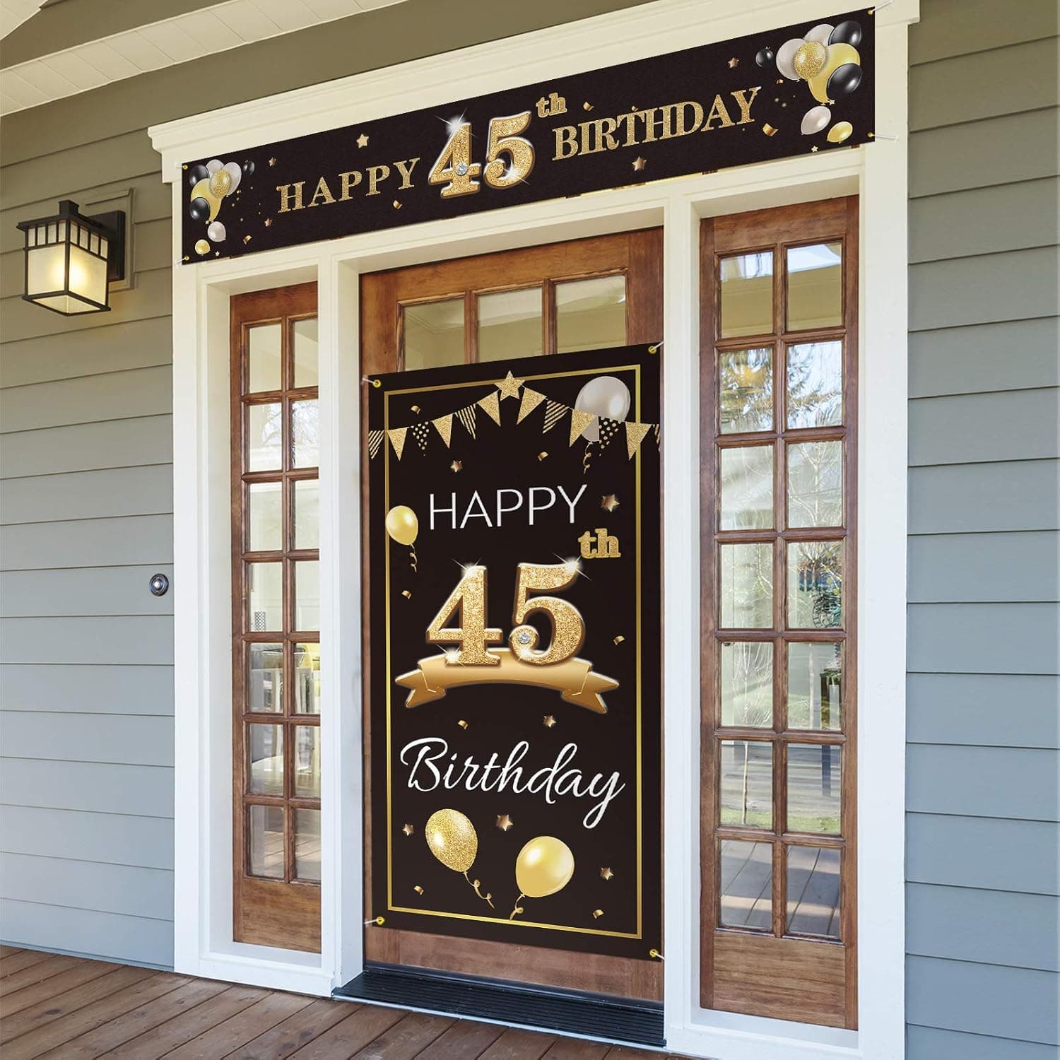 PAKBOOM Happy 45th Birthday Door Cover Porch Banner Sign Set - 45 Years Old Birthday Decorations Party Supplies for Men - Black Gold
