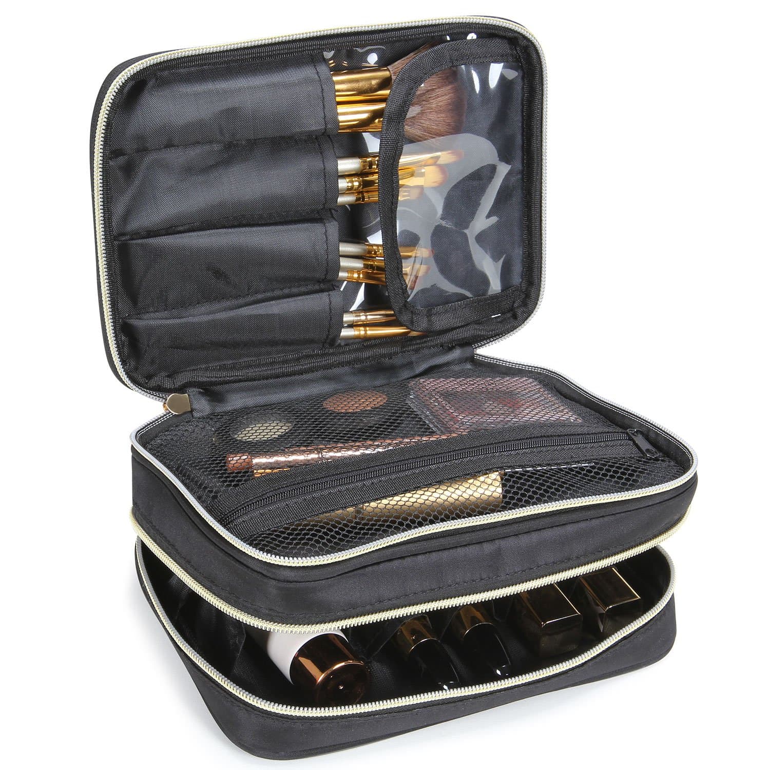 Lifewit Travel Makeup Case, Makeup Bag, Cosmetic Organizer, Portable 2-Decker Makeup Pouch and Holder, Premium Makeup Storage Bag Mother's Day Gift, Black