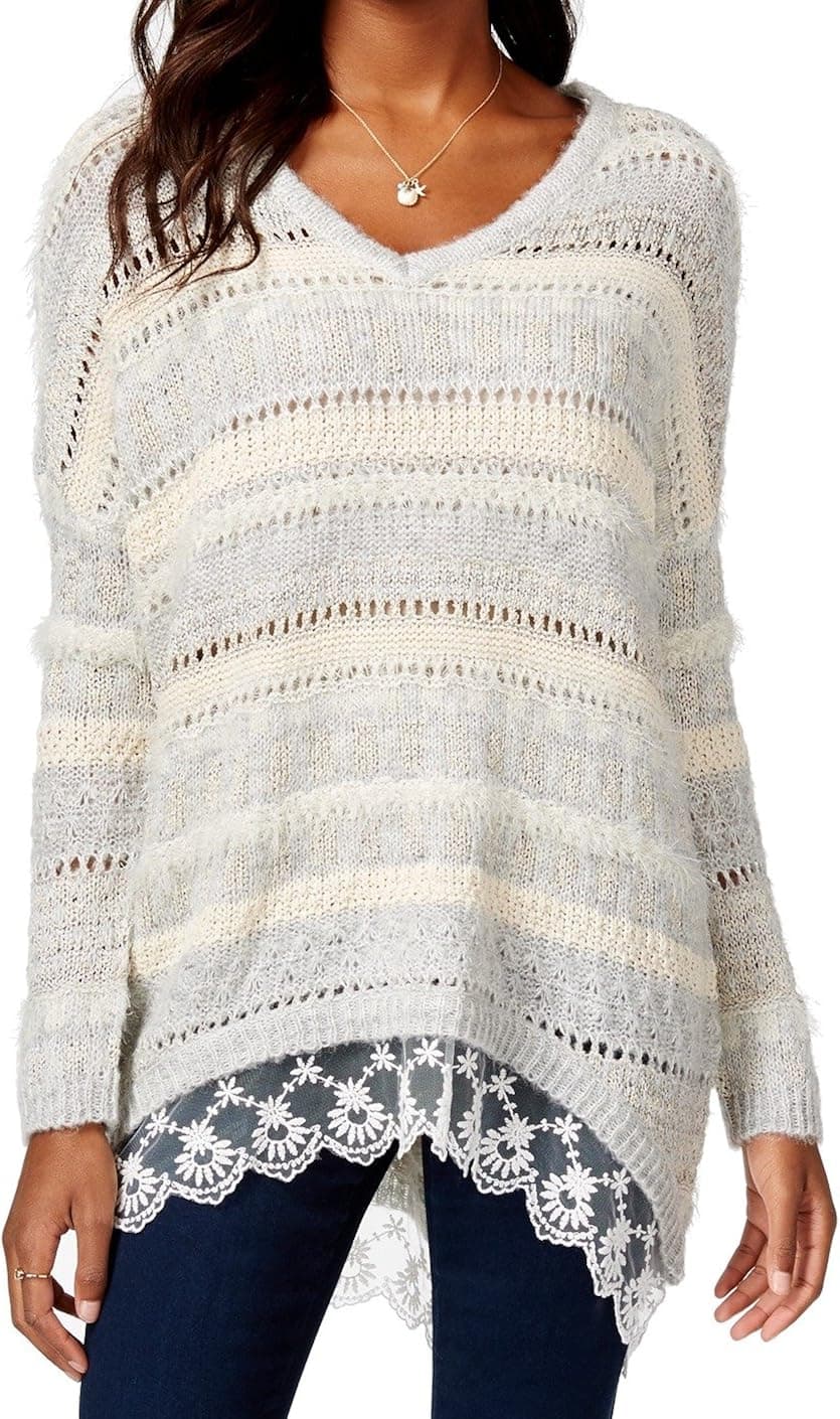 American Rag Womens Juniors V-Neck Lace-Trim Pullover Sweater