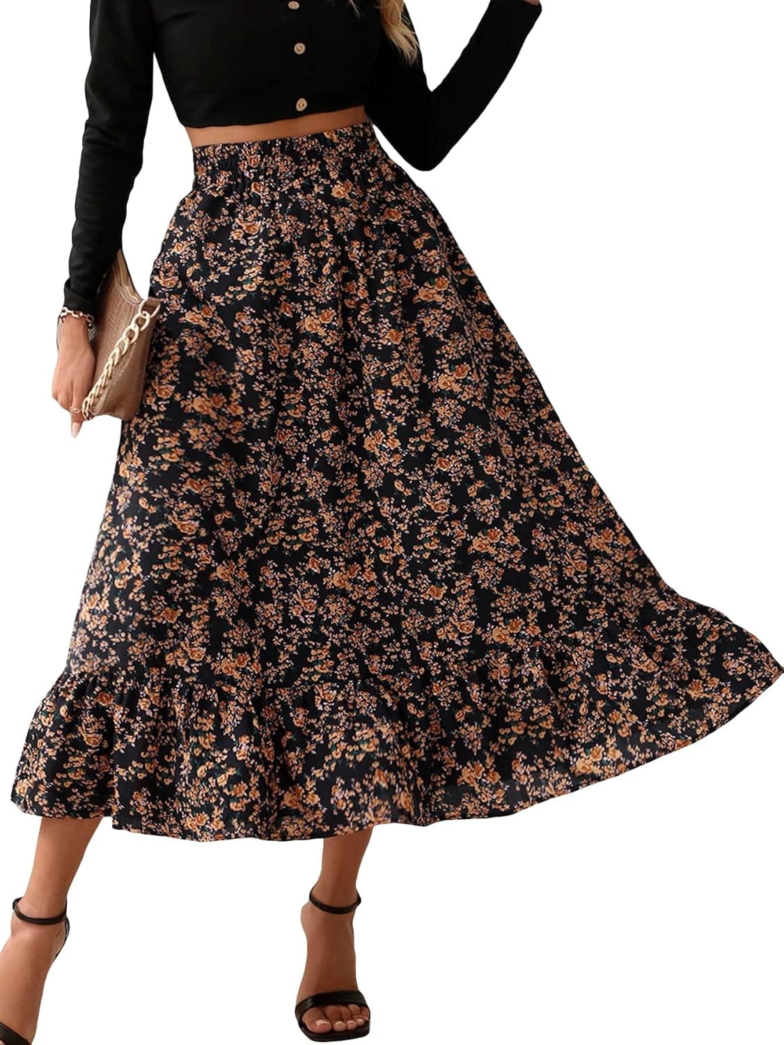 Milumia Women's Vintage Dalmatian Print A Line High Waist Flare Flowy Midi Skirts