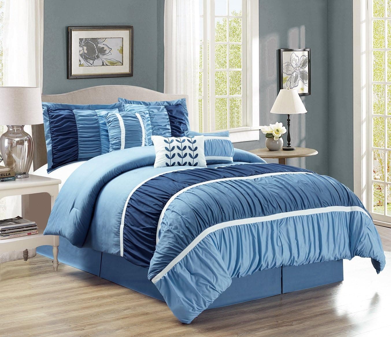 Grand Linen Modern 7 Piece Ruffle Pleated King Size Bedding in Shades of Blue and Navy - Comforter Set with Accent Pillows