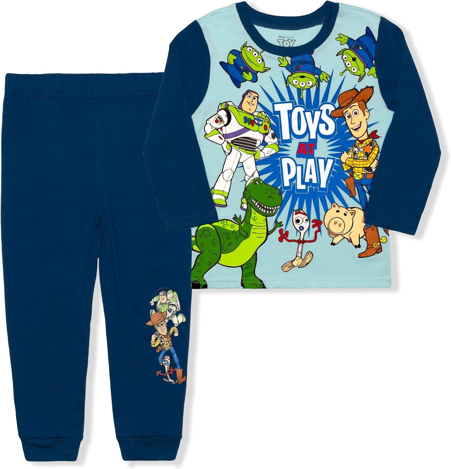 Disney Toy Story Boys’ Buzz Lightyear, Woody and Aliens Long Sleeve Shirt and Jogger for Toddler and Little Boys