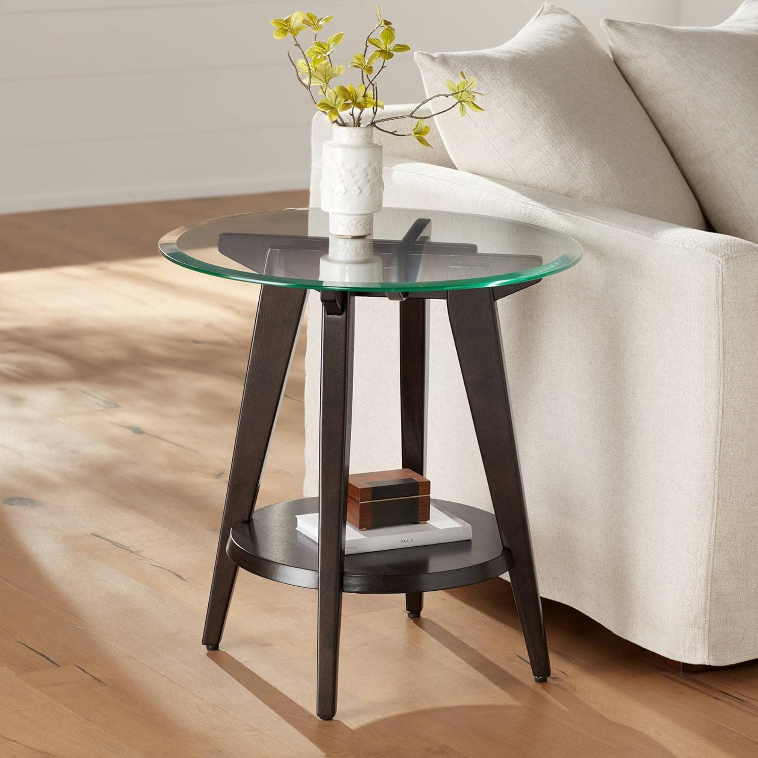 55 Downing Street Milton Farmhouse Rustic Wood Low Round Accent Table 24" Wide with Shelf Dark Brown Tempered Glass Tabletop for Spaces Living Room Home House Entryway Balcony Bedroom Office