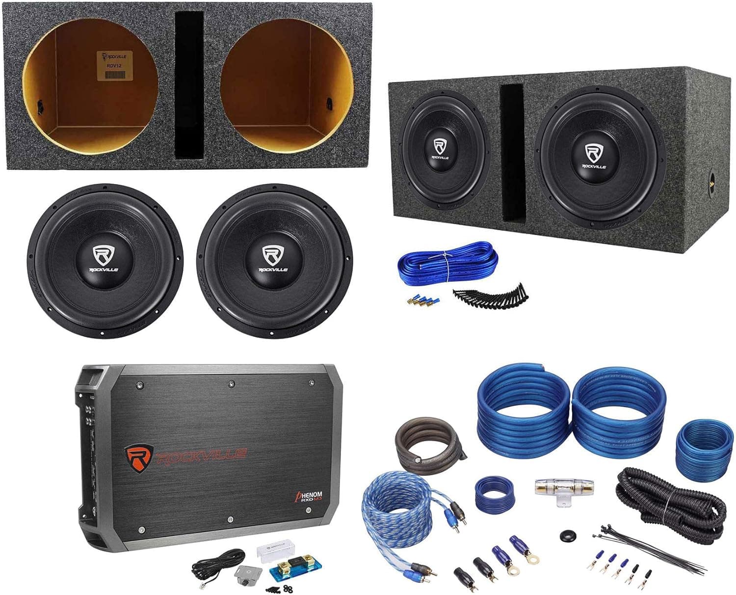 Rockville 2 W12K6D4 V2 12" 4800w Subwoofers+Vented Box+Mono Amplifier+Amp Kit