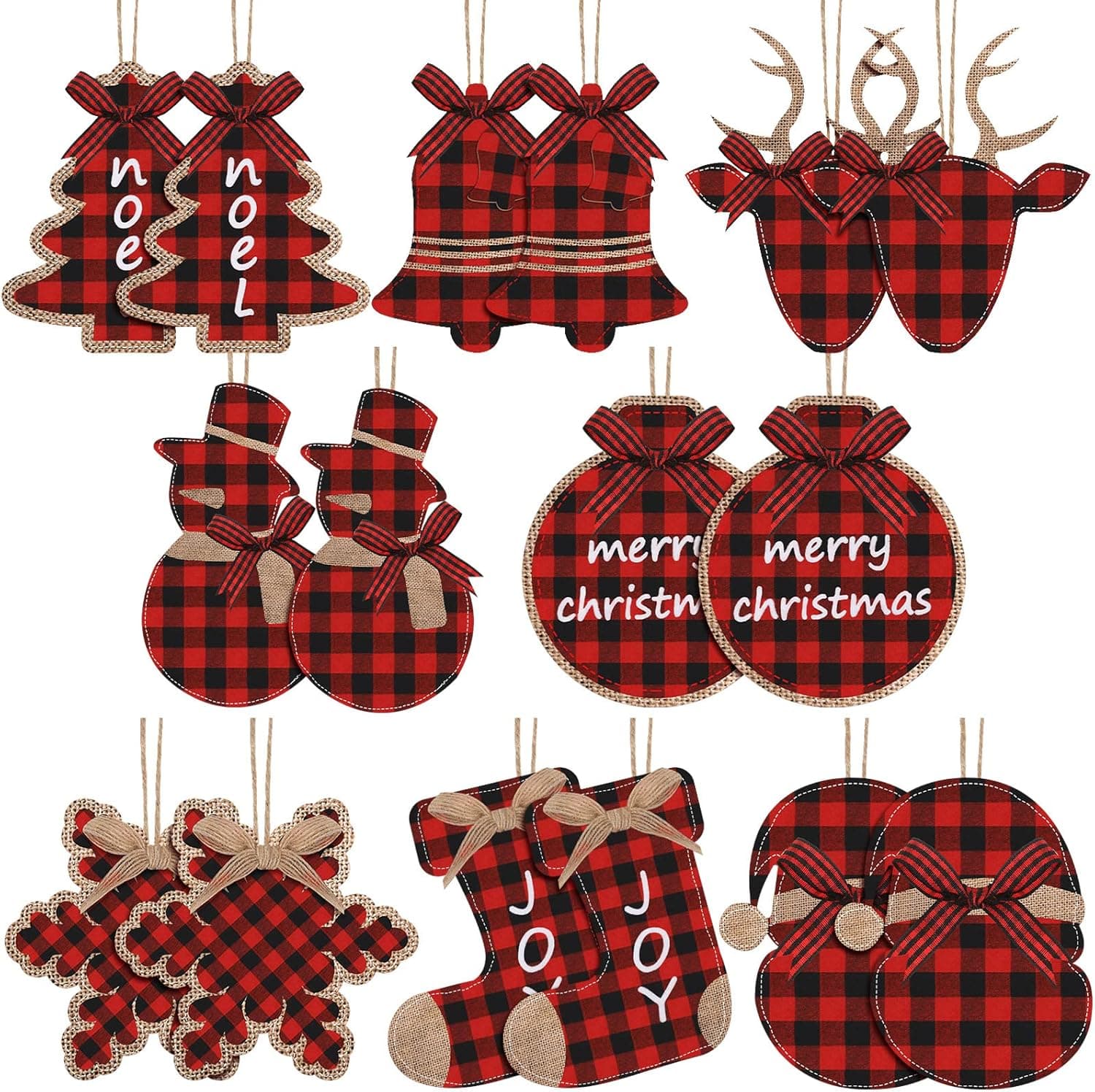 16 Pieces Christmas Tree Ornaments Buffalo Check Plaid Burlap Hanging Ornaments Tree Ball Bell Stocking Shaped Farmhouse Hanging Decor for Holiday Xmas Party Decorations (Red Plaid)