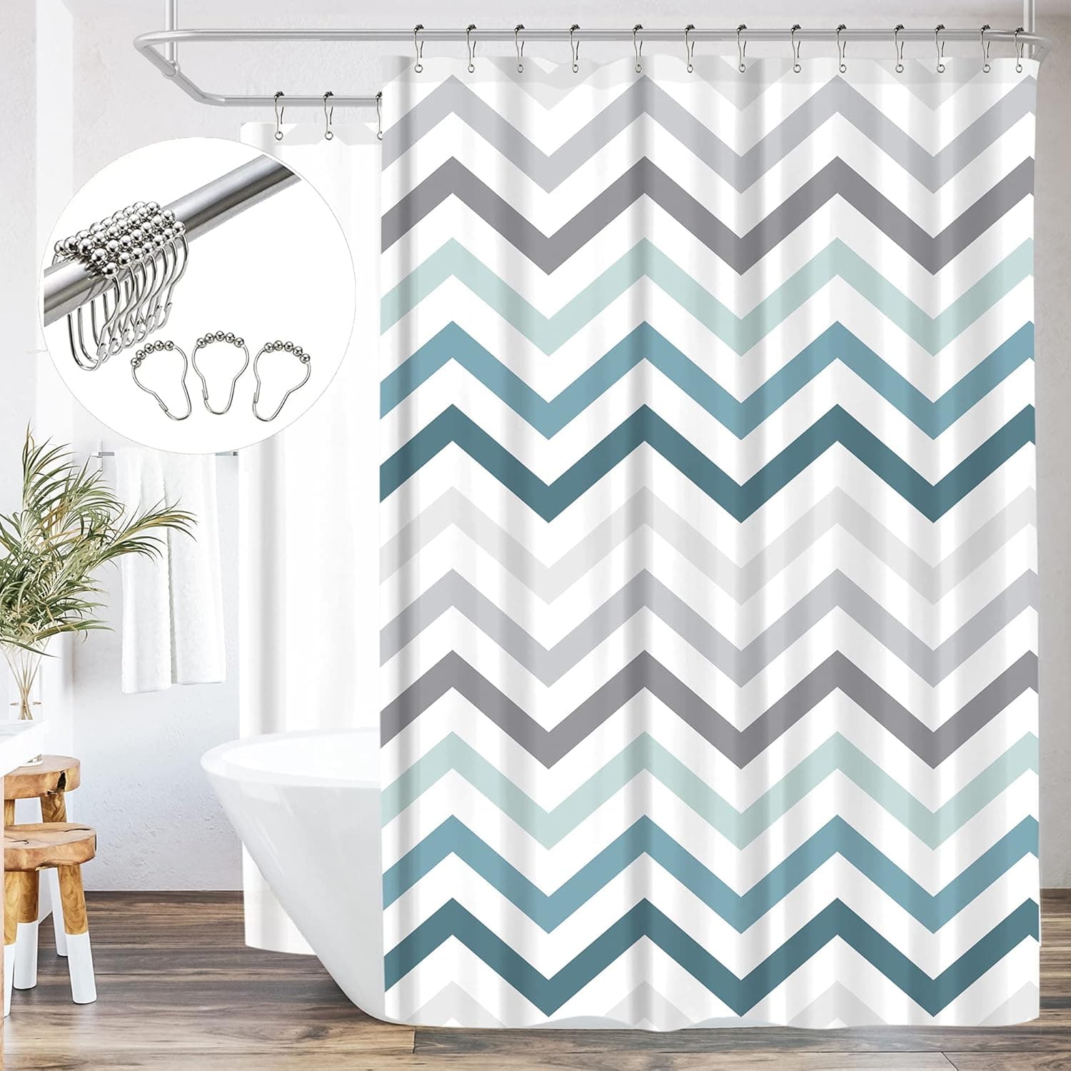 Riyidecor Clawfoot Tub Shower Curtain Panel 180x70 Inch All Wrap Around Polyester Fabric Set Chevron Extra Wide Waterproof with 32-Pack Metal Shower Hooks